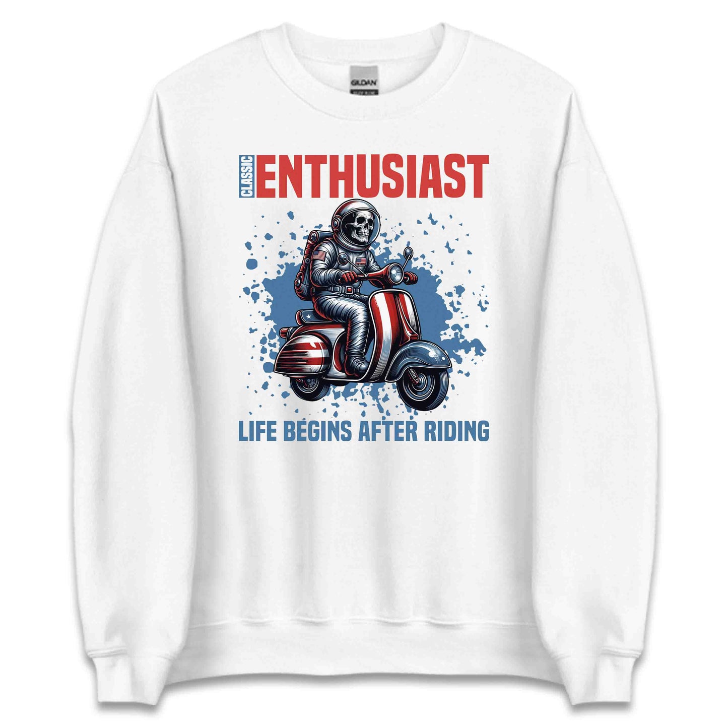 Classic Enthusiast Astronaut Riding Scooter Life Begins After Riding Quote | PRODUCT CODE: CLSWBNRAEMTSHL