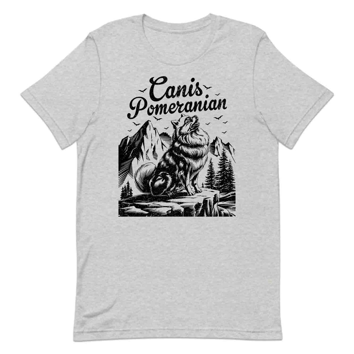 Canis Pomeranian Wilderness T-Shirt, Sweatshirt, Hoodie – Fluffy Howling Dog & Nature Adventure | PRODUCT CODE: CNSTPRWNAWO