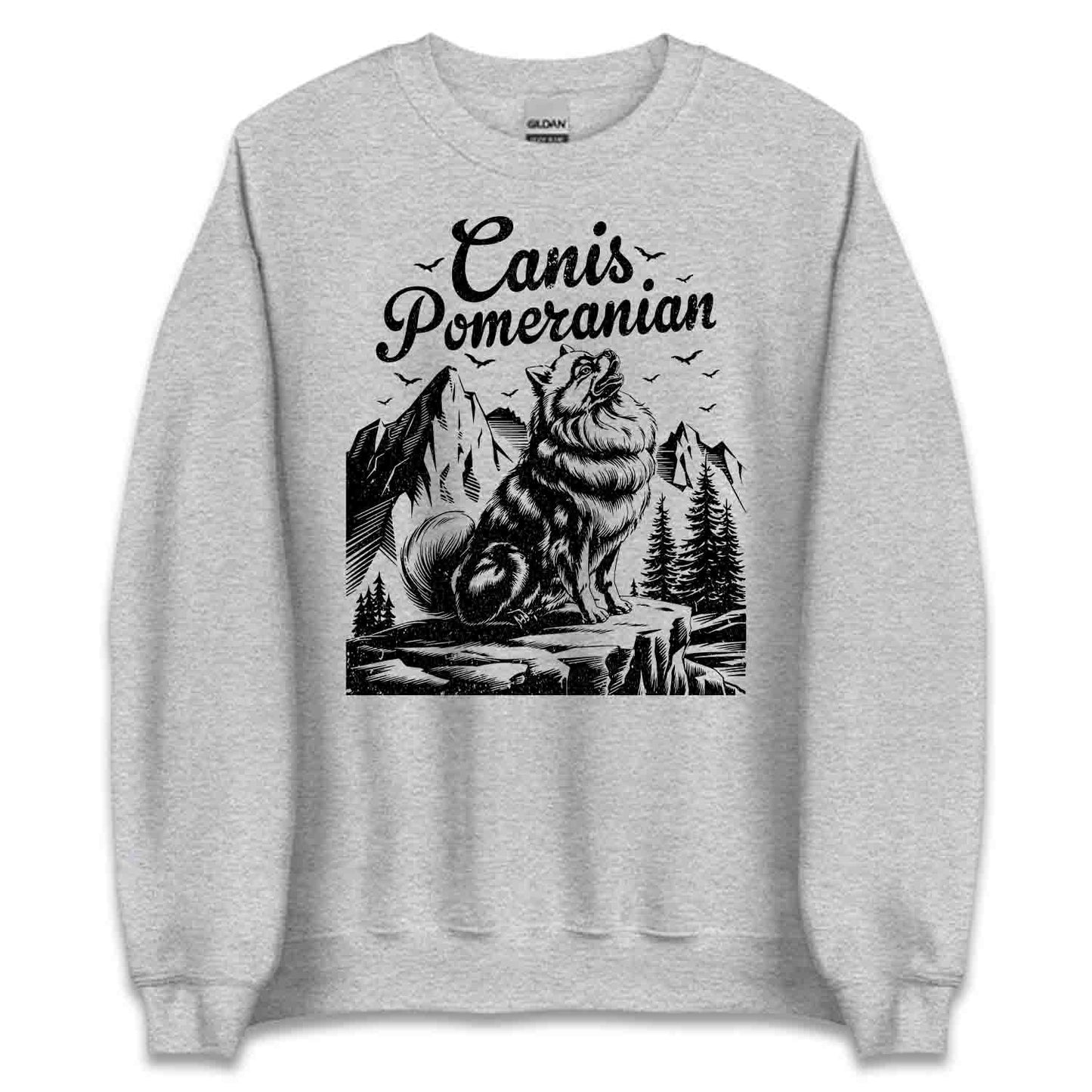 Canis Pomeranian Wilderness T-Shirt, Sweatshirt, Hoodie – Fluffy Howling Dog & Nature Adventure | PRODUCT CODE: CNSTPRWNAWO