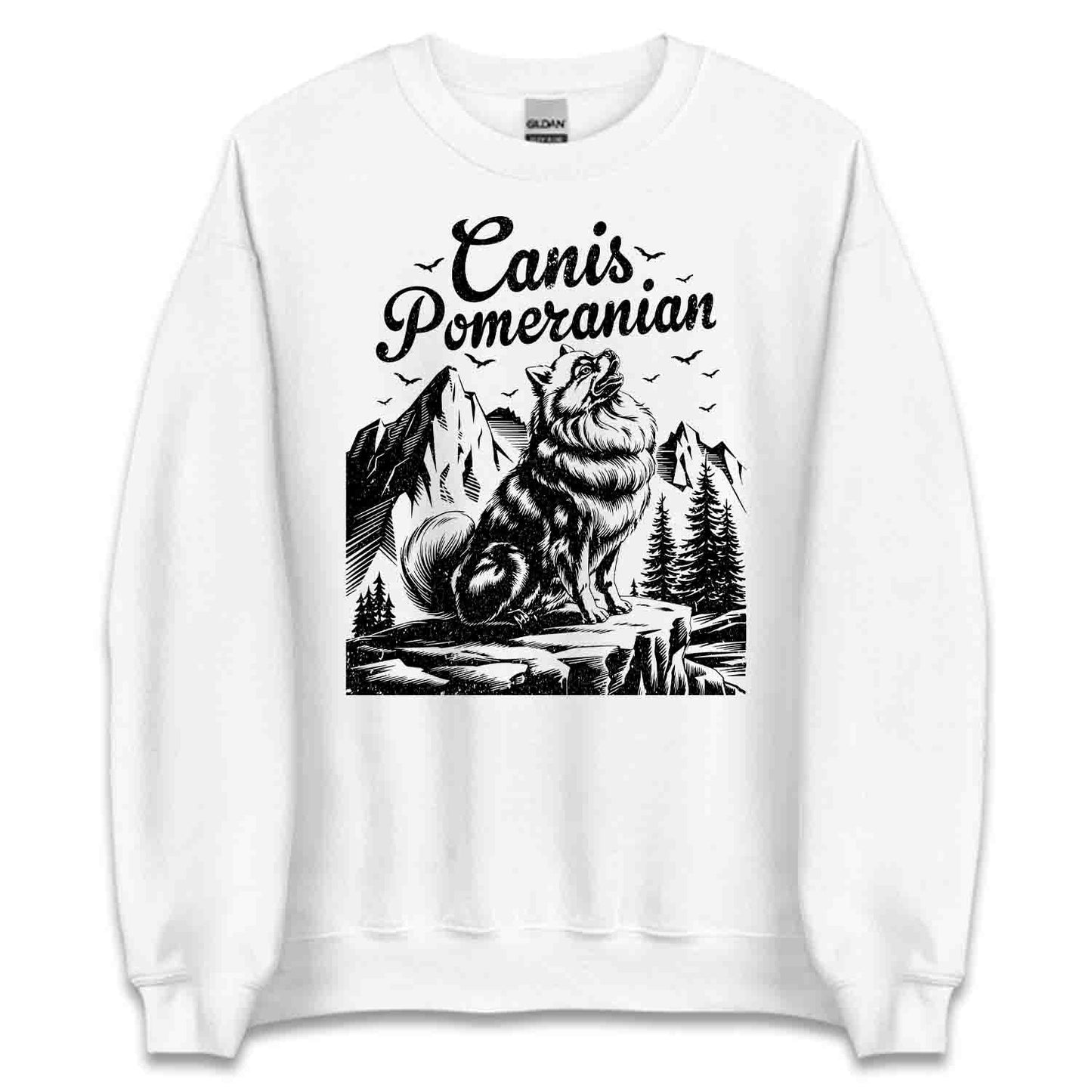 Canis Pomeranian Wilderness T-Shirt, Sweatshirt, Hoodie – Fluffy Howling Dog & Nature Adventure | PRODUCT CODE: CNSTPRWNAWO