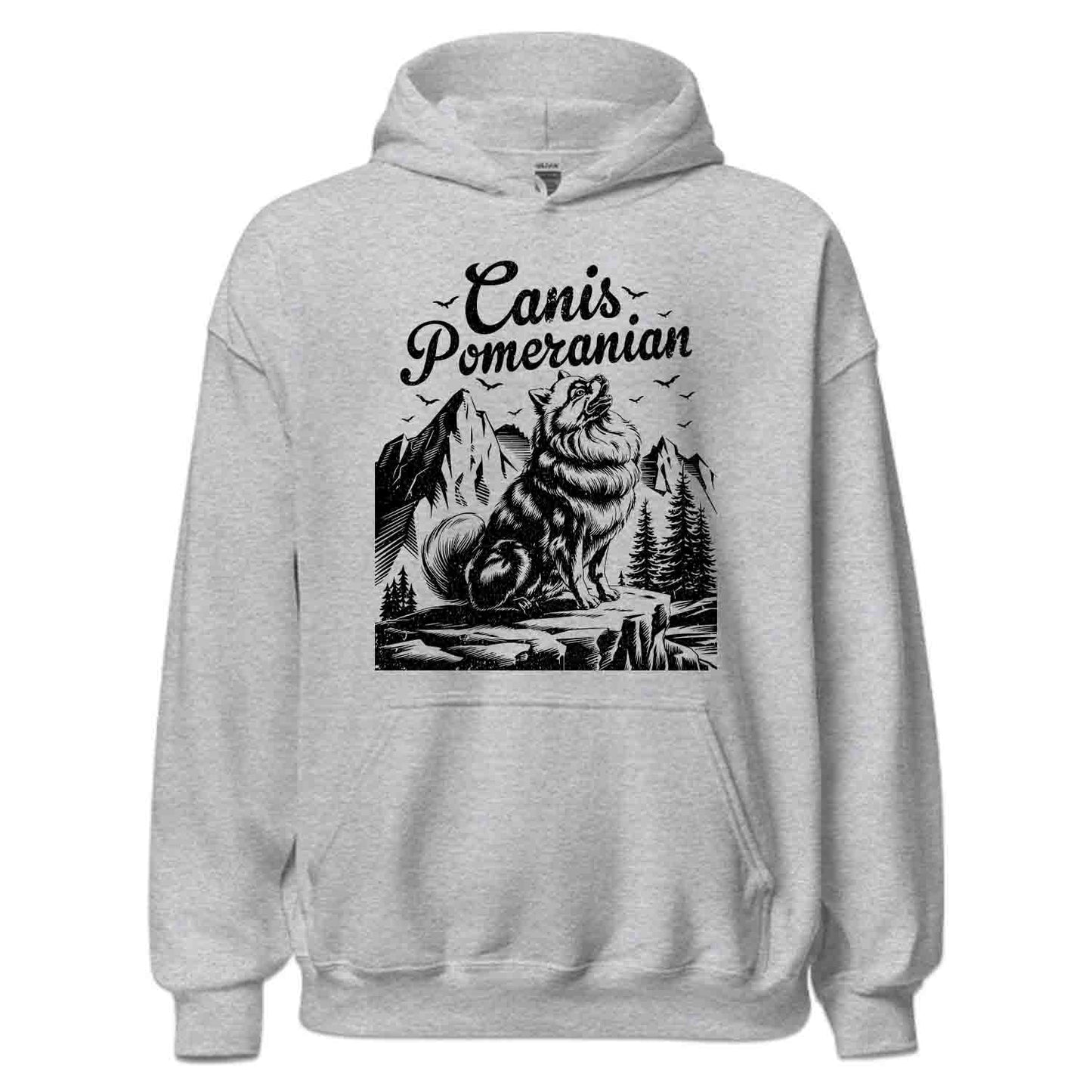 Canis Pomeranian Wilderness T-Shirt, Sweatshirt, Hoodie – Fluffy Howling Dog & Nature Adventure | PRODUCT CODE: CNSTPRWNAWO