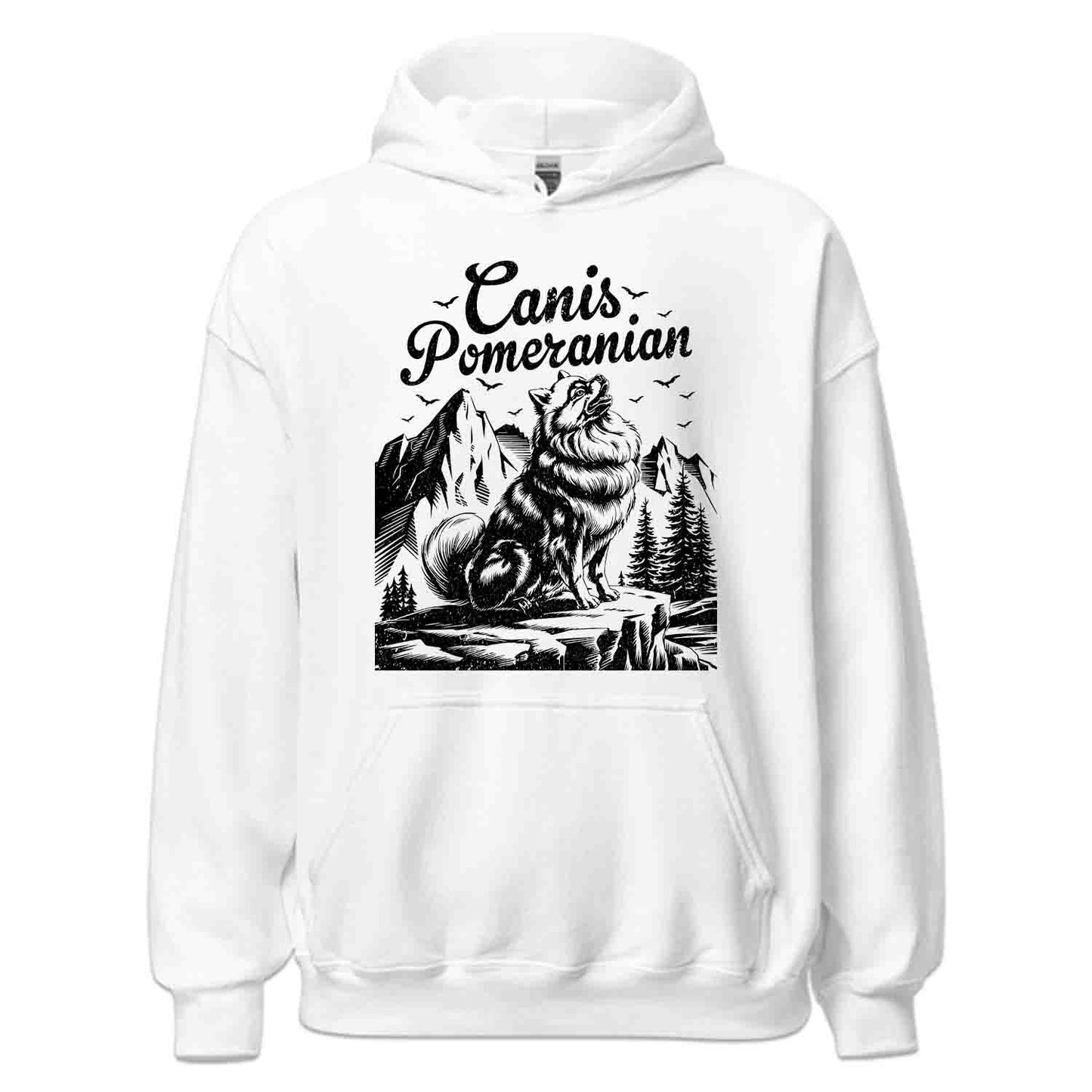 Canis Pomeranian Wilderness T-Shirt, Sweatshirt, Hoodie – Fluffy Howling Dog & Nature Adventure | PRODUCT CODE: CNSTPRWNAWO