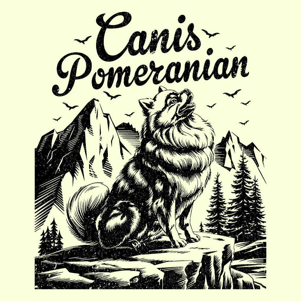 Canis Pomeranian Wilderness T-Shirt, Sweatshirt, Hoodie – Fluffy Howling Dog & Nature Adventure | PRODUCT CODE: CNSTPRWNAWO
