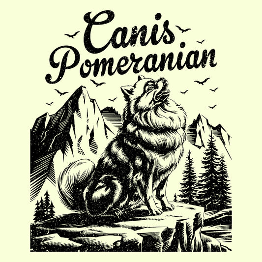 Canis Pomeranian Wilderness T-Shirt, Sweatshirt, Hoodie – Fluffy Howling Dog & Nature Adventure | PRODUCT CODE: CNSTPRWNAWO