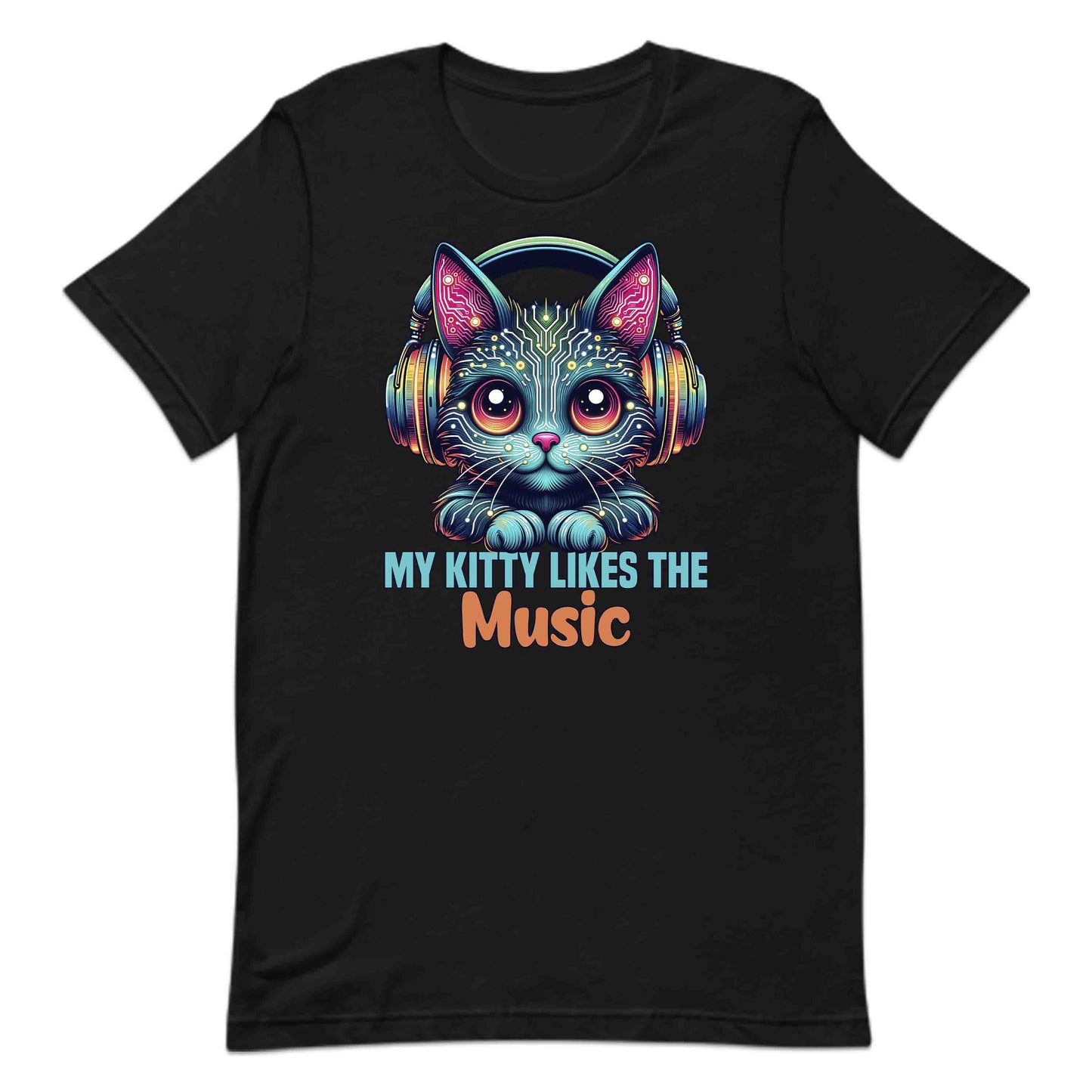 Cyberpunk Cat Headphones My Kitty Likes the Music Neon AI Futuristic Feline | PRODUCT CODE: CYBRHDPNOMKT