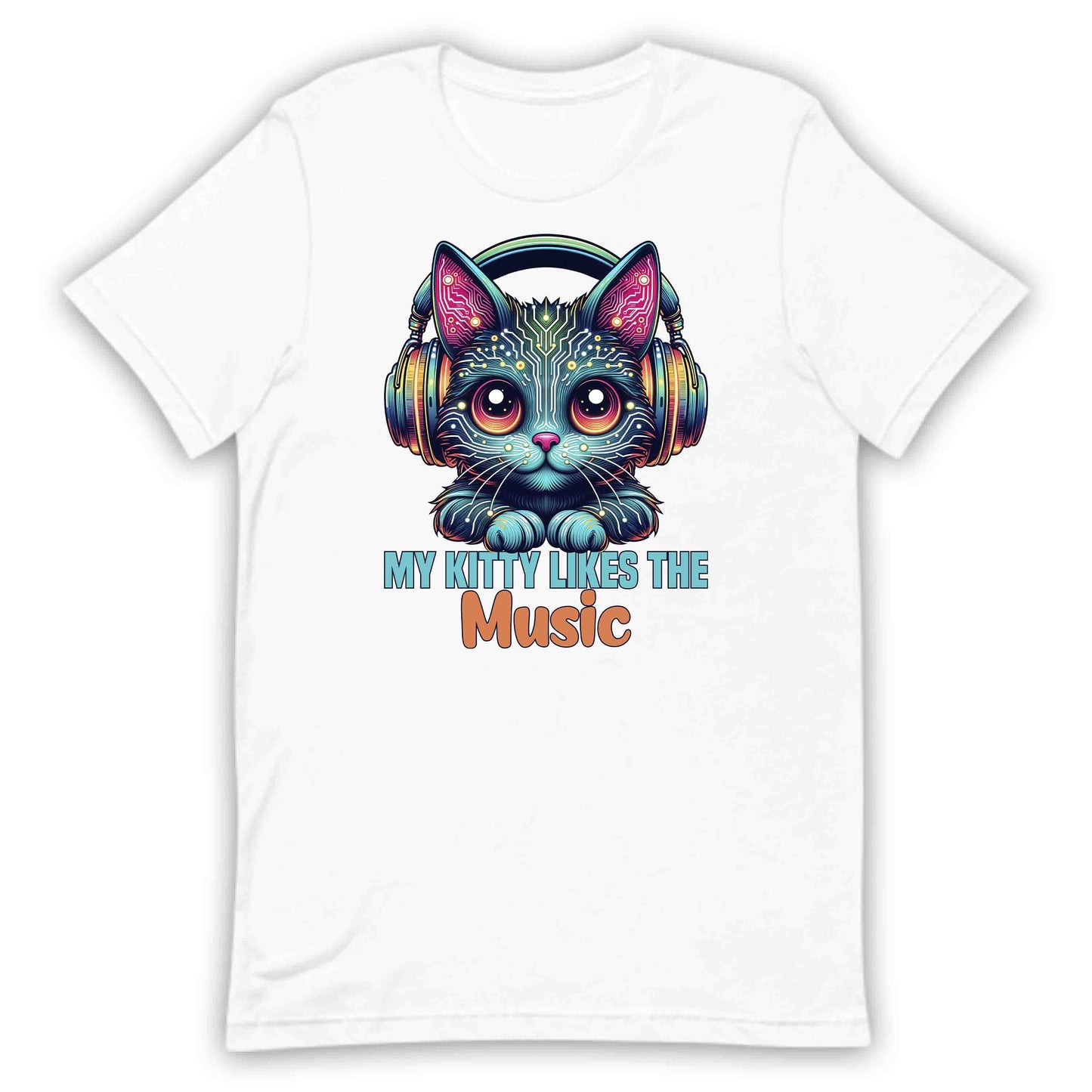 Cyberpunk Cat Headphones My Kitty Likes the Music Neon AI Futuristic Feline | PRODUCT CODE: CYBRHDPNOMKT