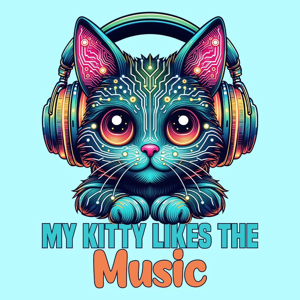 Cyberpunk Cat Headphones My Kitty Likes the Music Neon AI Futuristic Feline | PRODUCT CODE: CYBRHDPNOMKT