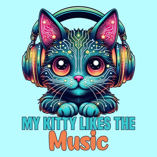 Cyberpunk Cat Headphones My Kitty Likes the Music Neon AI Futuristic Feline | PRODUCT CODE: CYBRHDPNOMKT