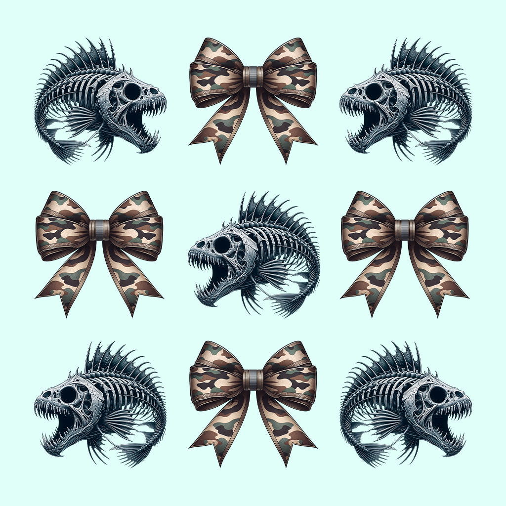 Dark Gothic Fish Skeleton Edgy Camouflage Bow Punk Rock Fishing Anglers | PRODUCT CODE: DKRGOHFSKNE