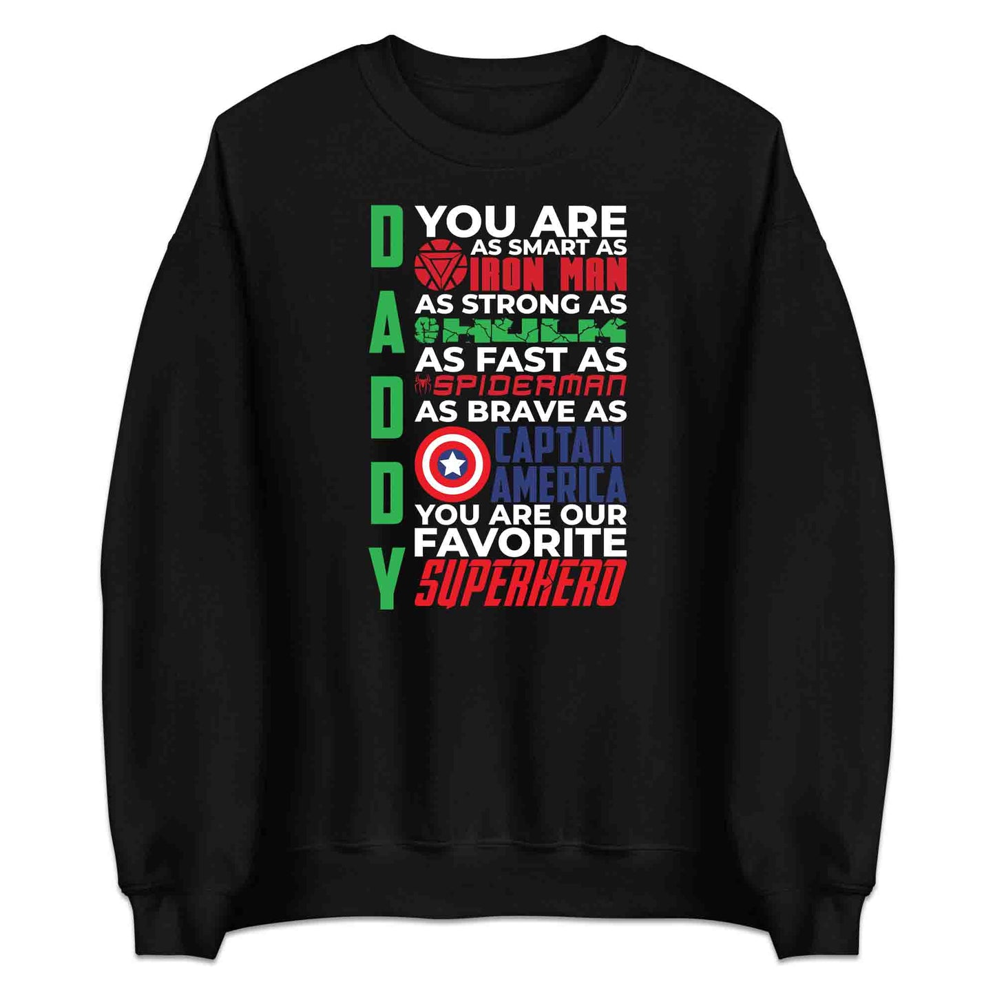 Daddy Superhero T-Shirt, Jumper & Hoodie – Marvel-Inspired Father’s Day Gift Featuring Iron Man, Hulk, Spider-Man & Captain America | PRODUCT CODE: DSBXCVTE
