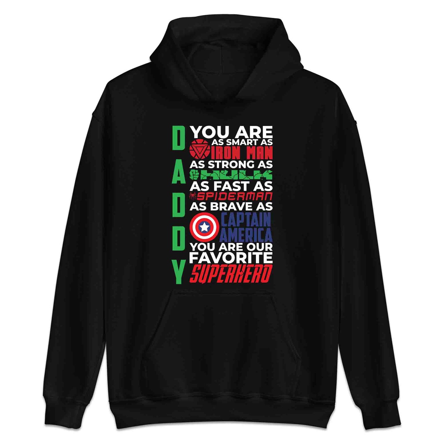 Daddy Superhero T-Shirt, Jumper & Hoodie – Marvel-Inspired Father’s Day Gift Featuring Iron Man, Hulk, Spider-Man & Captain America | PRODUCT CODE: DSBXCVTE