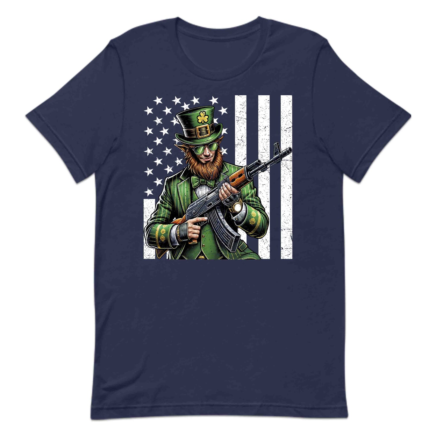 Edgy St. Patrick's Day Badass Leprechaun with AK-47 & USA Flag Irish Holiday | PRODUCT CODE: EYGDPTCKTDUYB