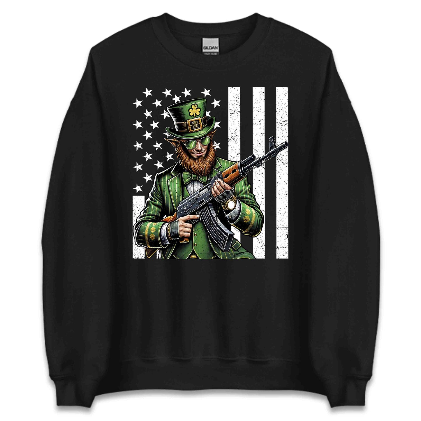 Edgy St. Patrick's Day Badass Leprechaun with AK-47 & USA Flag Irish Holiday | PRODUCT CODE: EYGDPTCKTDUYB