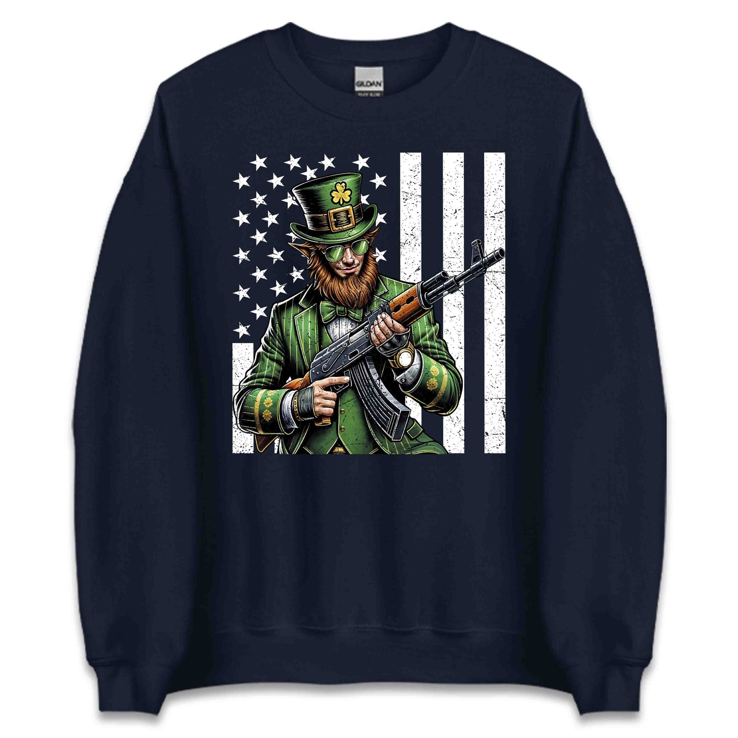 Edgy St. Patrick's Day Badass Leprechaun with AK-47 & USA Flag Irish Holiday | PRODUCT CODE: EYGDPTCKTDUYB