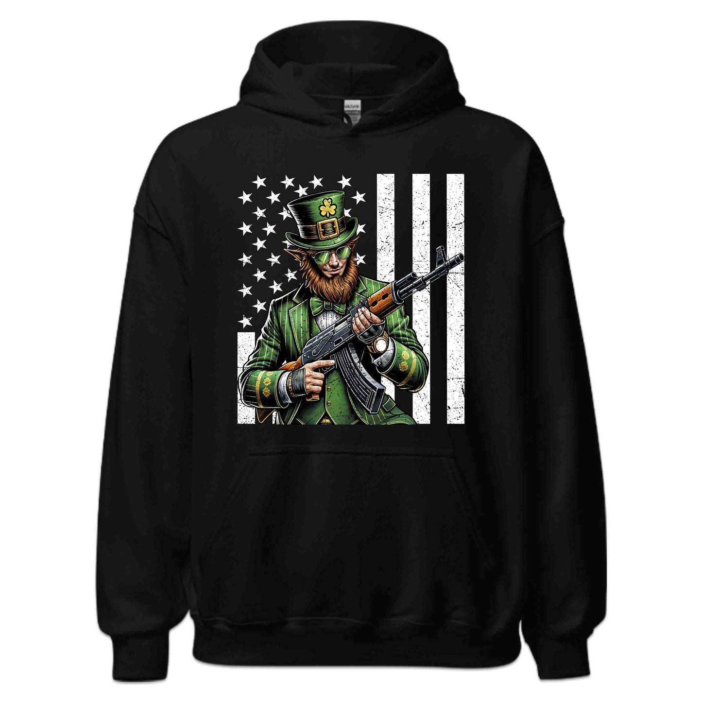 Edgy St. Patrick's Day Badass Leprechaun with AK-47 & USA Flag Irish Holiday | PRODUCT CODE: EYGDPTCKTDUYB