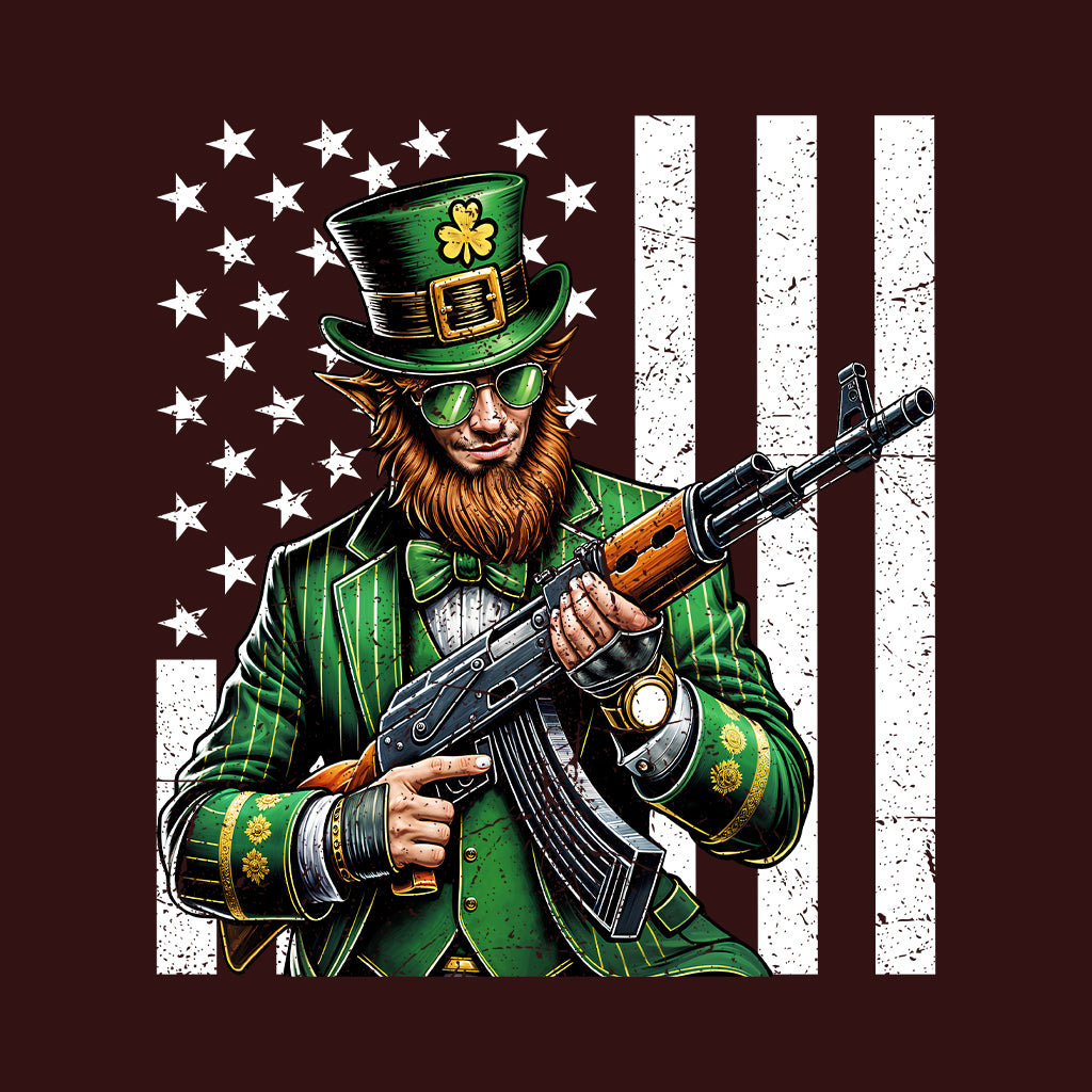 Edgy St. Patrick's Day Badass Leprechaun with AK-47 & USA Flag Irish Holiday | PRODUCT CODE: EYGDPTCKTDUYB