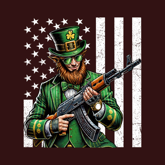 Edgy St. Patrick's Day Badass Leprechaun with AK-47 & USA Flag Irish Holiday | PRODUCT CODE: EYGDPTCKTDUYB