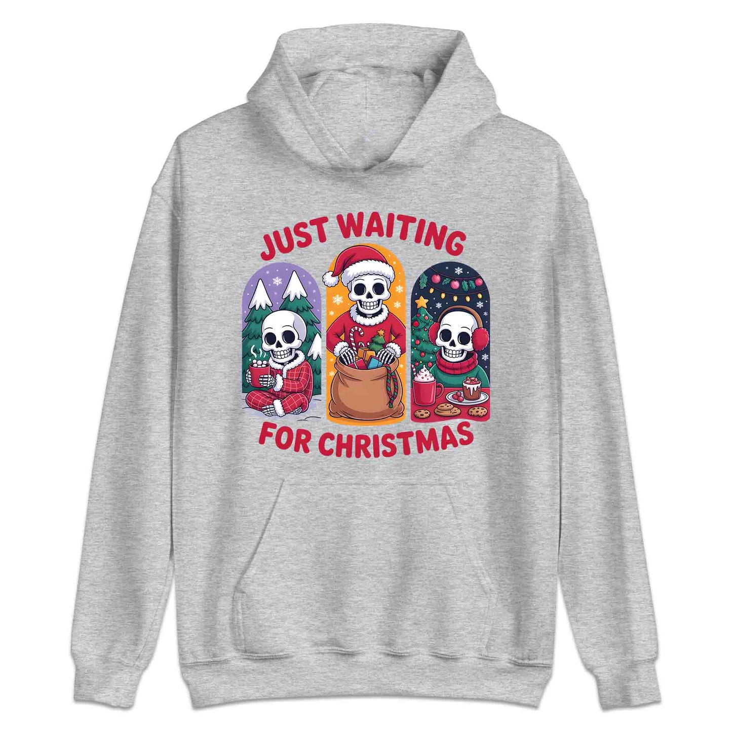 Just Waiting for Christmas Skeleton T-Shirt, Spooky Holiday Sweatshirt, Dark Humor Xmas Hoodie | PRODUCT CODE: HJSDGFEWQ