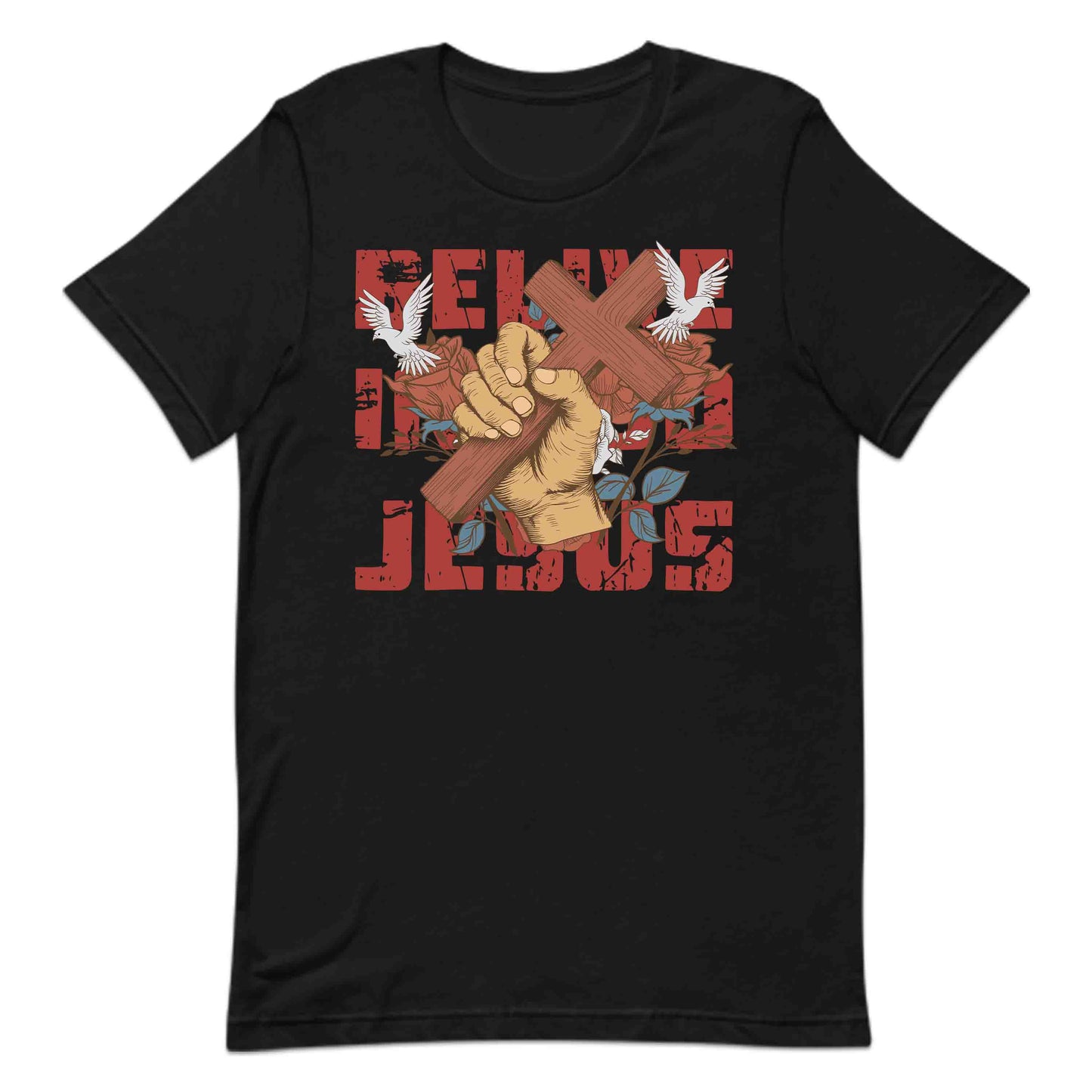 Believe in God Jesus Cross with Floral Accents and Doves Christian Faith | PRODUCT CODE: HWQENSOAMN