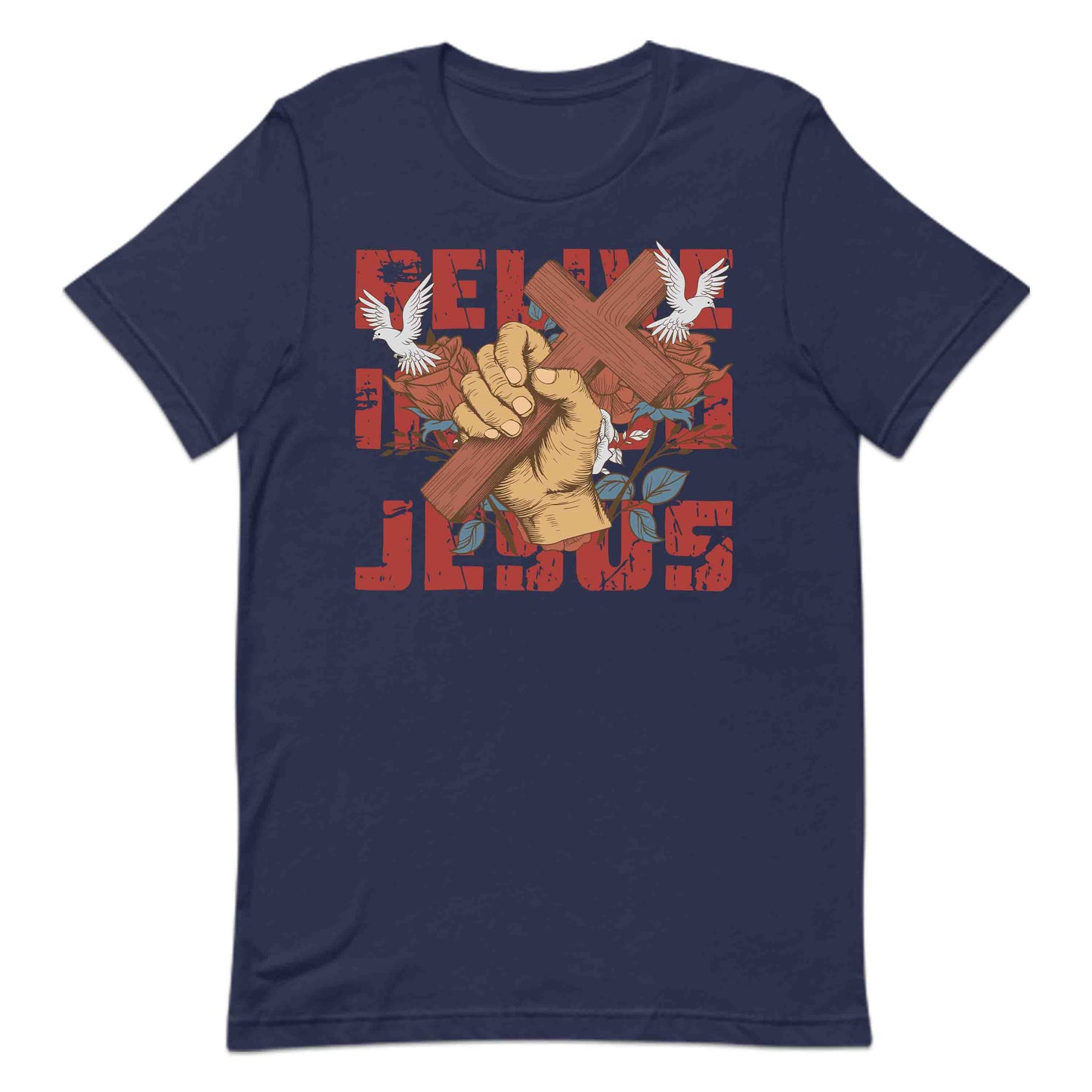 Believe in God Jesus Cross with Floral Accents and Doves Christian Faith | PRODUCT CODE: HWQENSOAMN