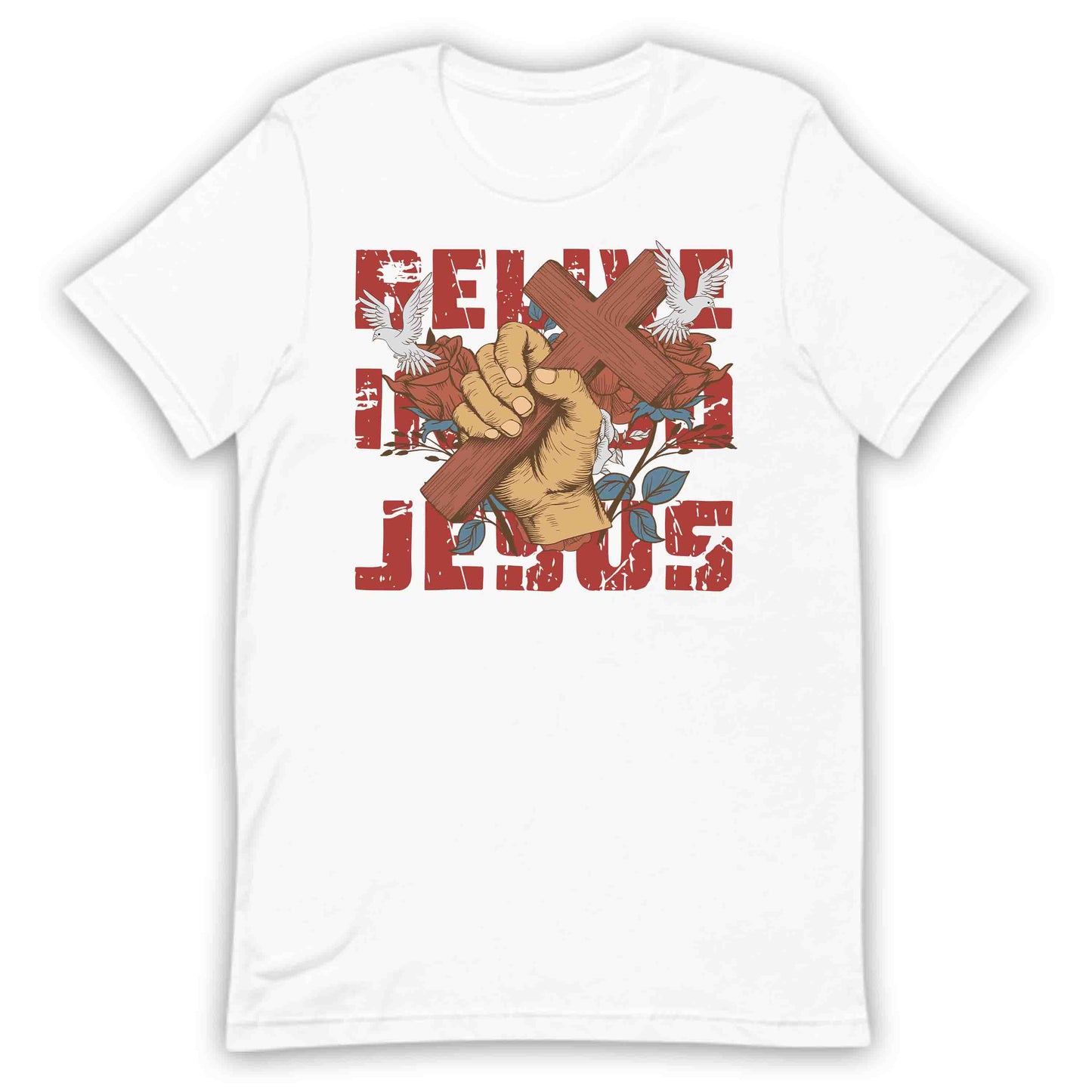 Believe in God Jesus Cross with Floral Accents and Doves Christian Faith | PRODUCT CODE: HWQENSOAMN