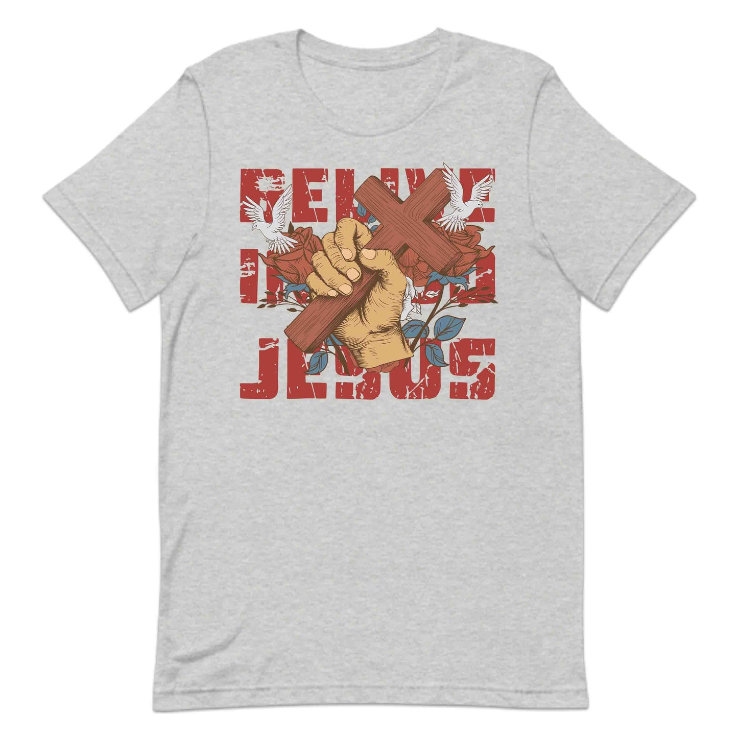 Believe in God Jesus Cross with Floral Accents and Doves Christian Faith | PRODUCT CODE: HWQENSOAMN