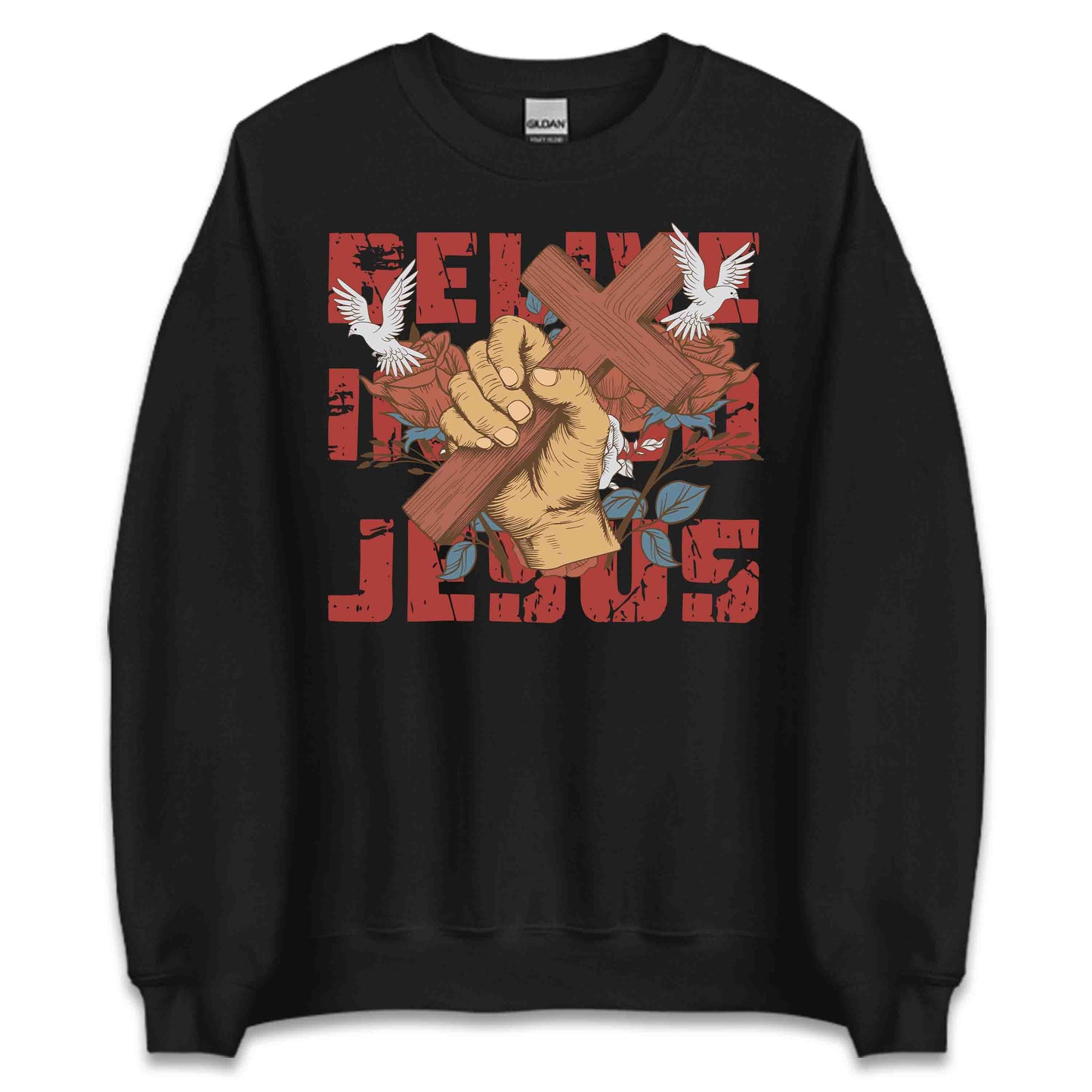 Believe in God Jesus Cross with Floral Accents and Doves Christian Faith | PRODUCT CODE: HWQENSOAMN