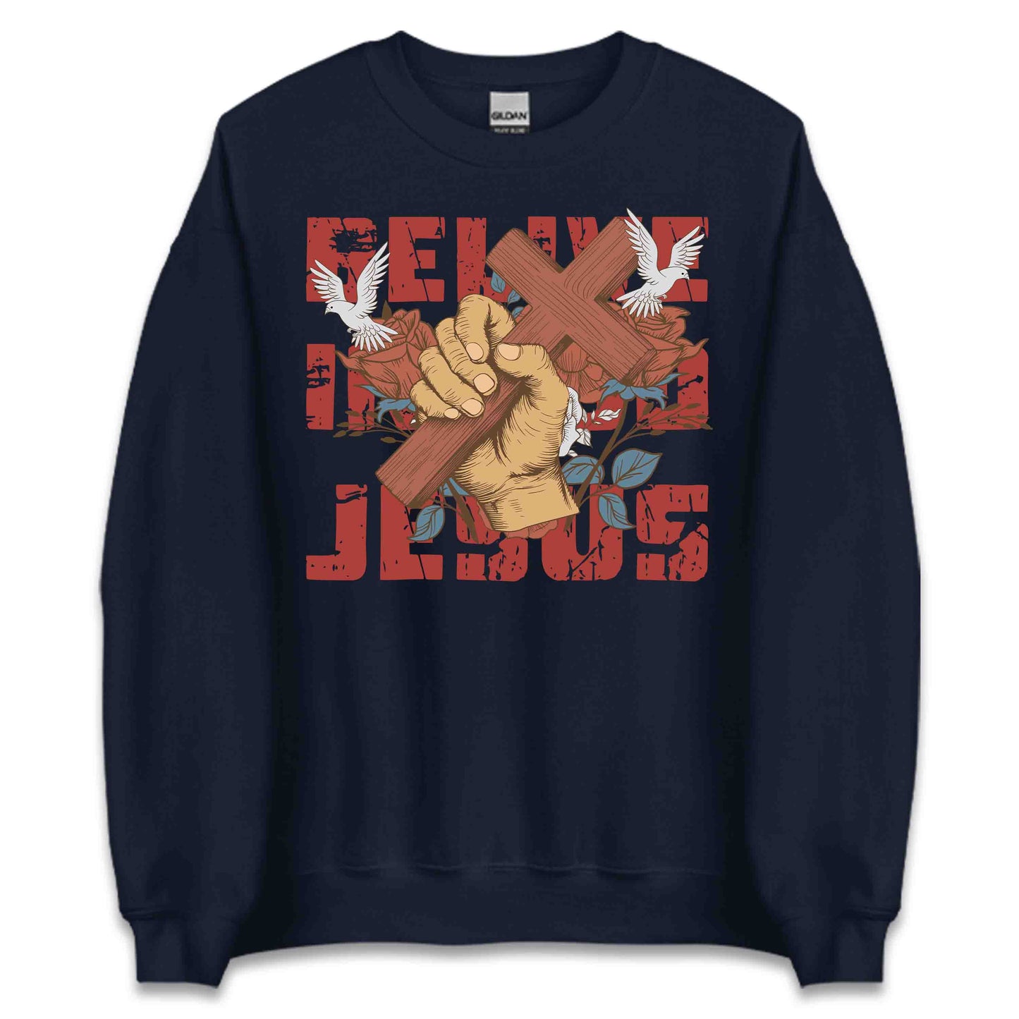 Believe in God Jesus Cross with Floral Accents and Doves Christian Faith | PRODUCT CODE: HWQENSOAMN