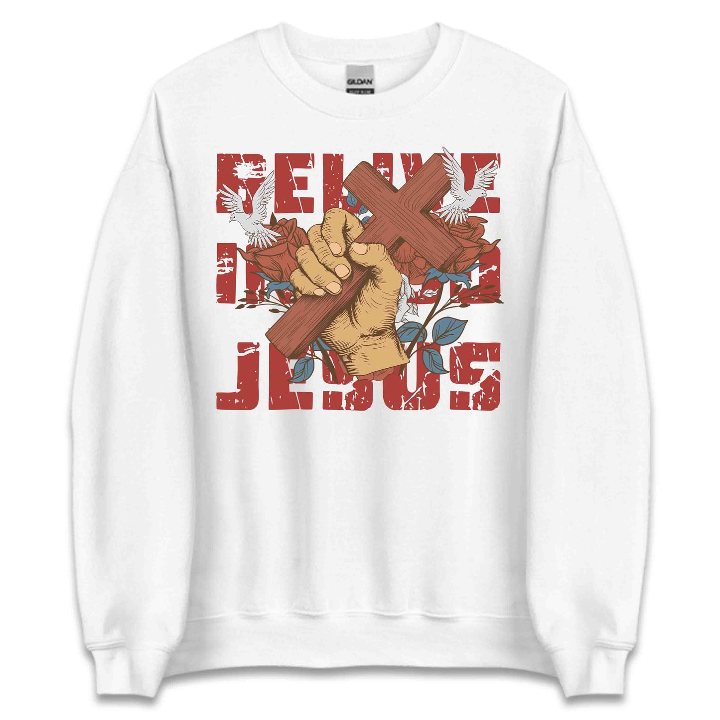 Believe in God Jesus Cross with Floral Accents and Doves Christian Faith | PRODUCT CODE: HWQENSOAMN