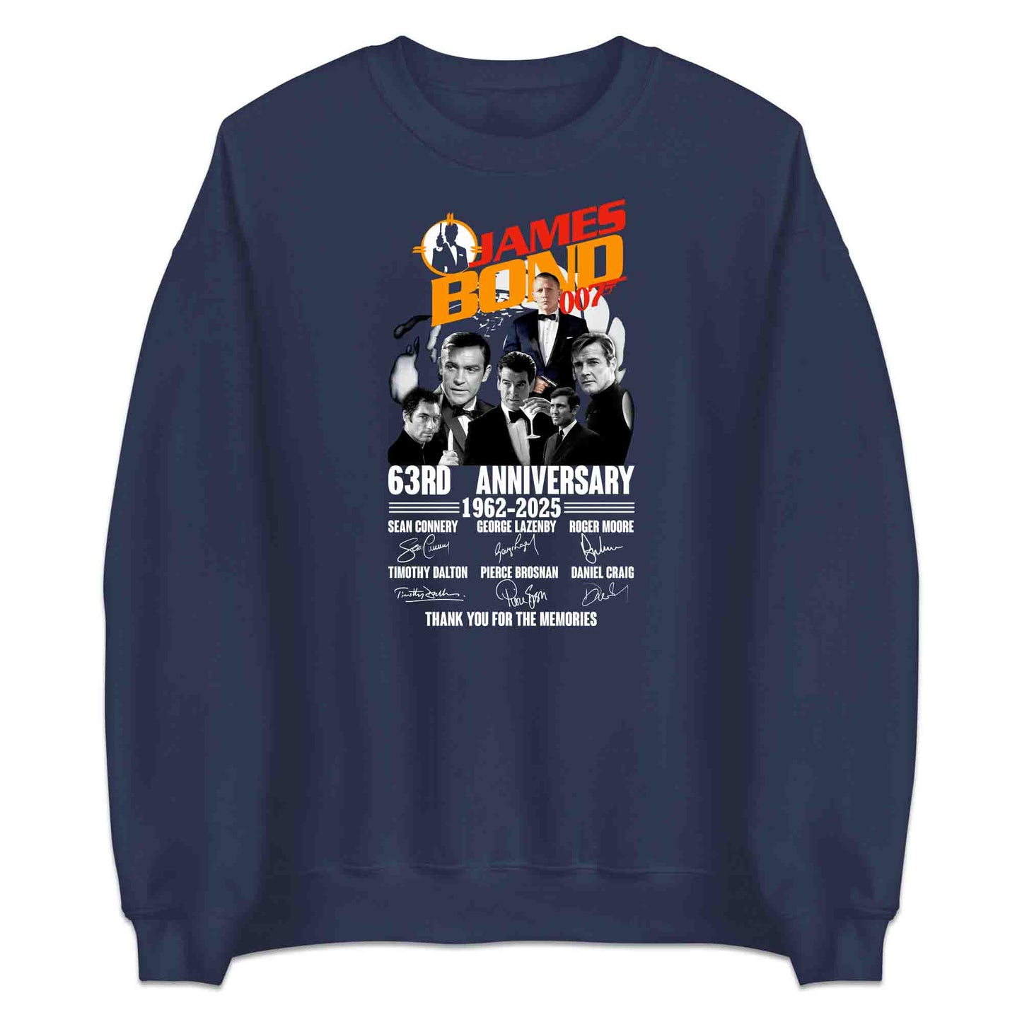 James Bond 63rd Anniversary T-Shirt, Jumper & Hoodie – 1962–2025 Tribute to All 007 Actors with Signatures | PRODUCT CODE: JMADSUYA