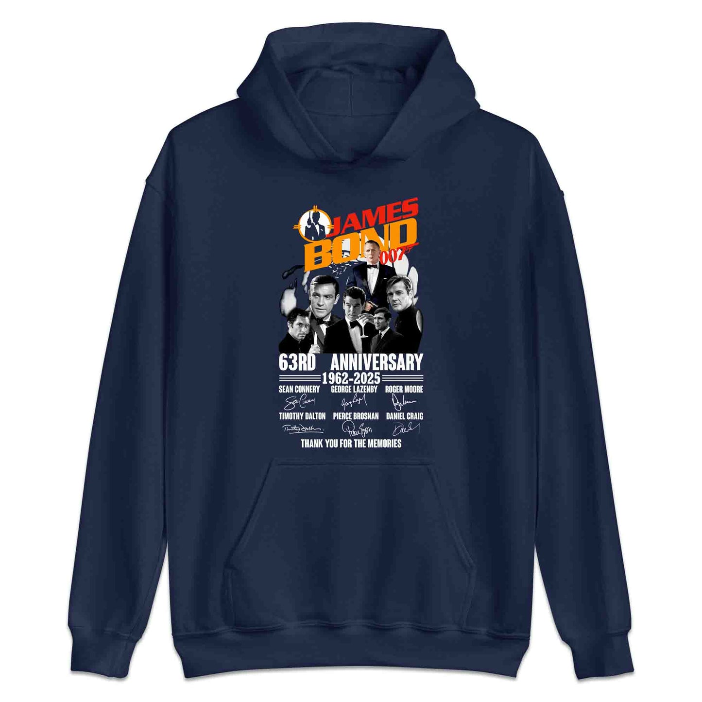 James Bond 63rd Anniversary T-Shirt, Jumper & Hoodie – 1962–2025 Tribute to All 007 Actors with Signatures | PRODUCT CODE: JMADSUYA
