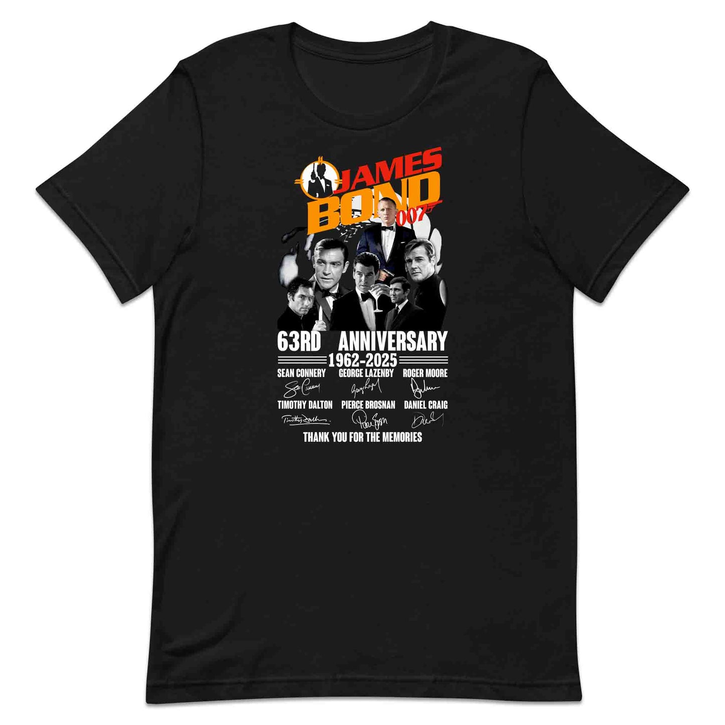 James Bond 63rd Anniversary T-Shirt, Jumper & Hoodie – 1962–2025 Tribute to All 007 Actors with Signatures | PRODUCT CODE: JMADSUYA