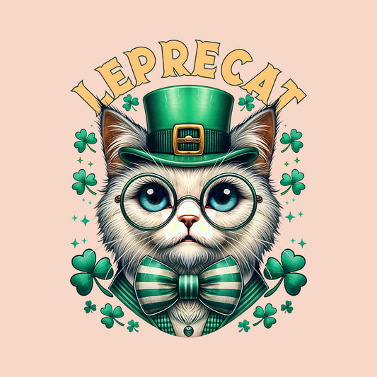 Leprecat St. Patrick's Day Cute Irish Cat with Shamrocks | PRODUCT CODE: LPRTBJENAOEM