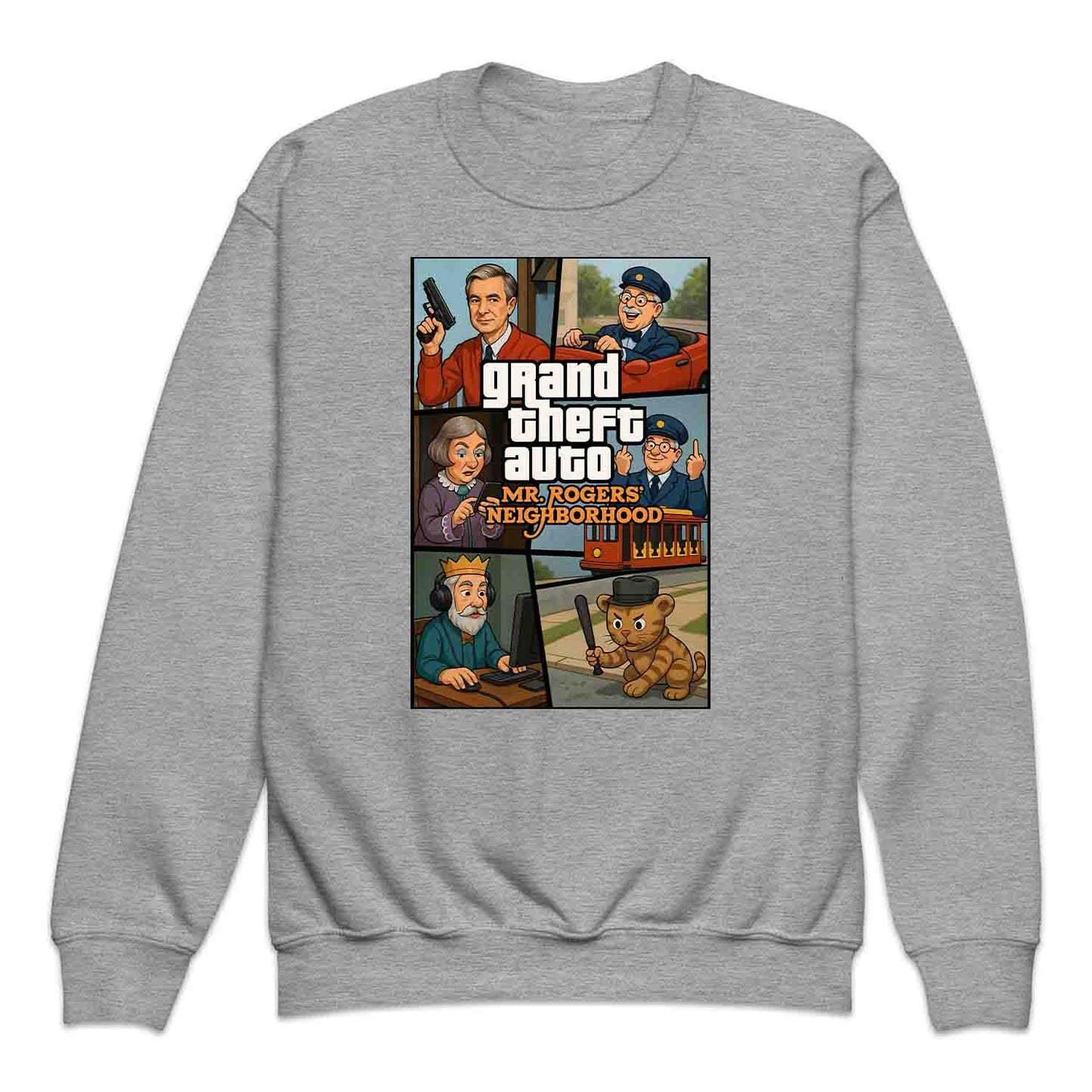 Mr. Rogers GTA Meme Kids T-Shirt, 90s Crossover Jumper & Retro Satire Hoodie – Wholesome Chaos Pop Culture Apparel | PRODUCT CODE: MERGHQCB