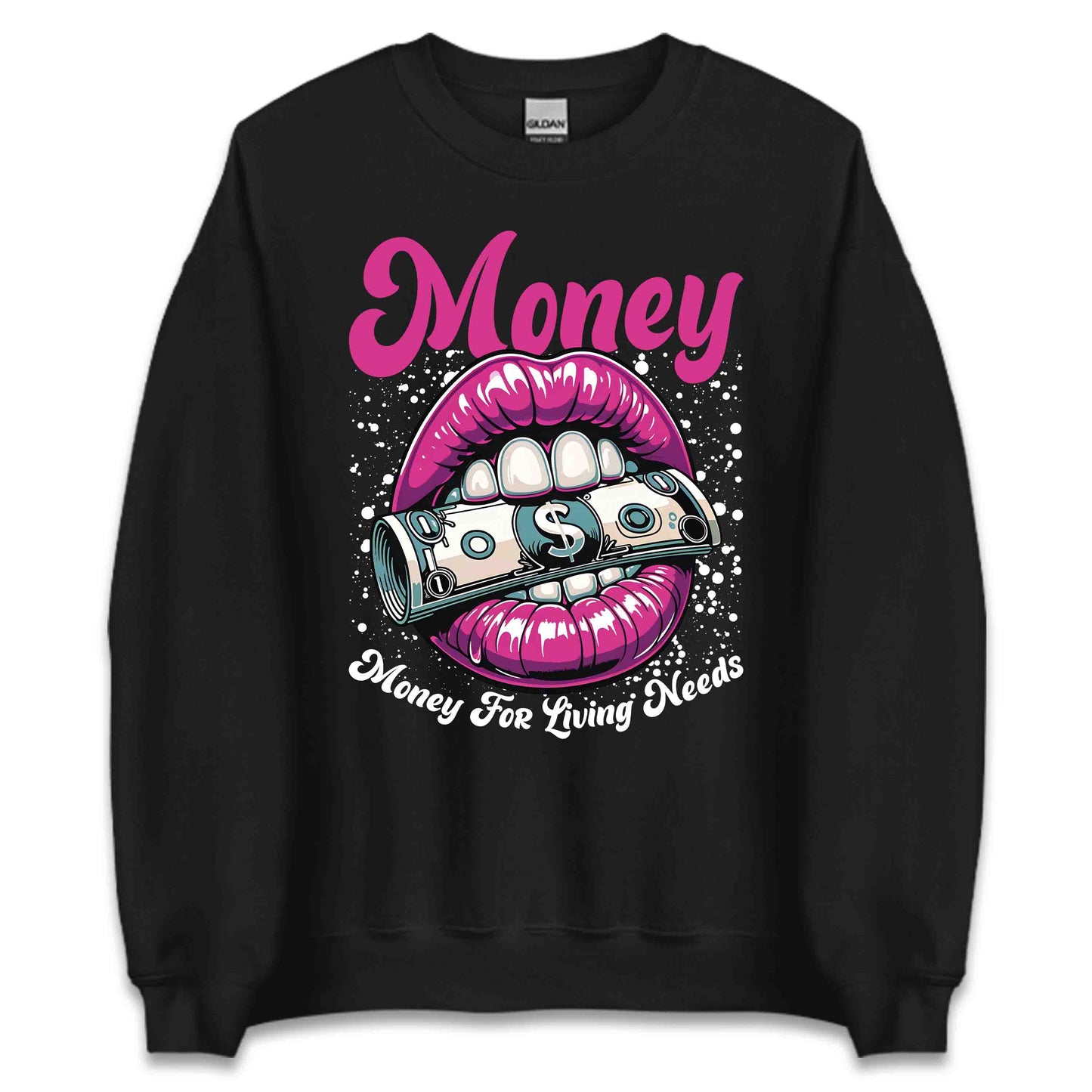 Pink Lips Biting Dollar Bill Money for Living Needs Slogan | PRODUCT CODE: PKNLPSBTNFDB