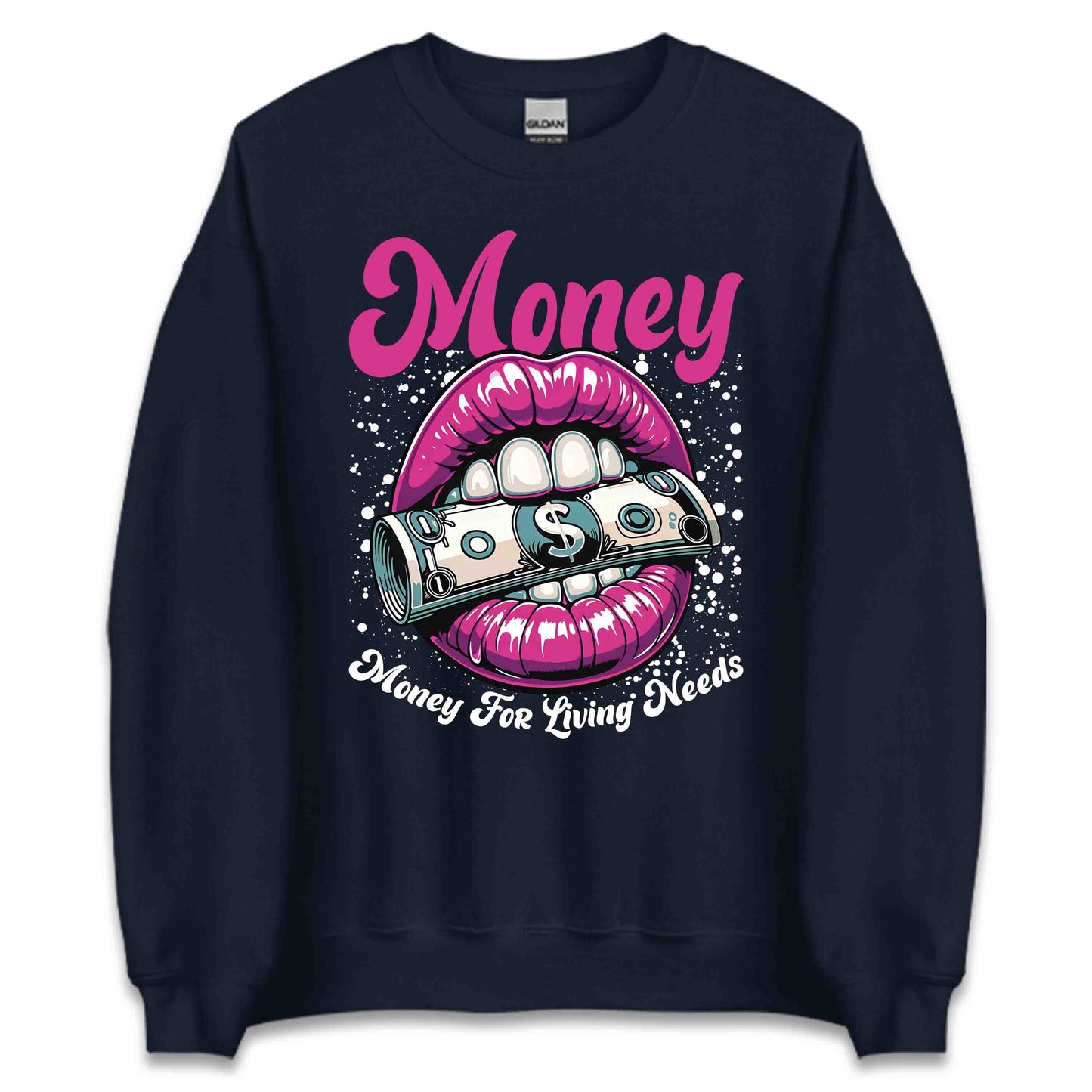 Pink Lips Biting Dollar Bill Money for Living Needs Slogan | PRODUCT CODE: PKNLPSBTNFDB