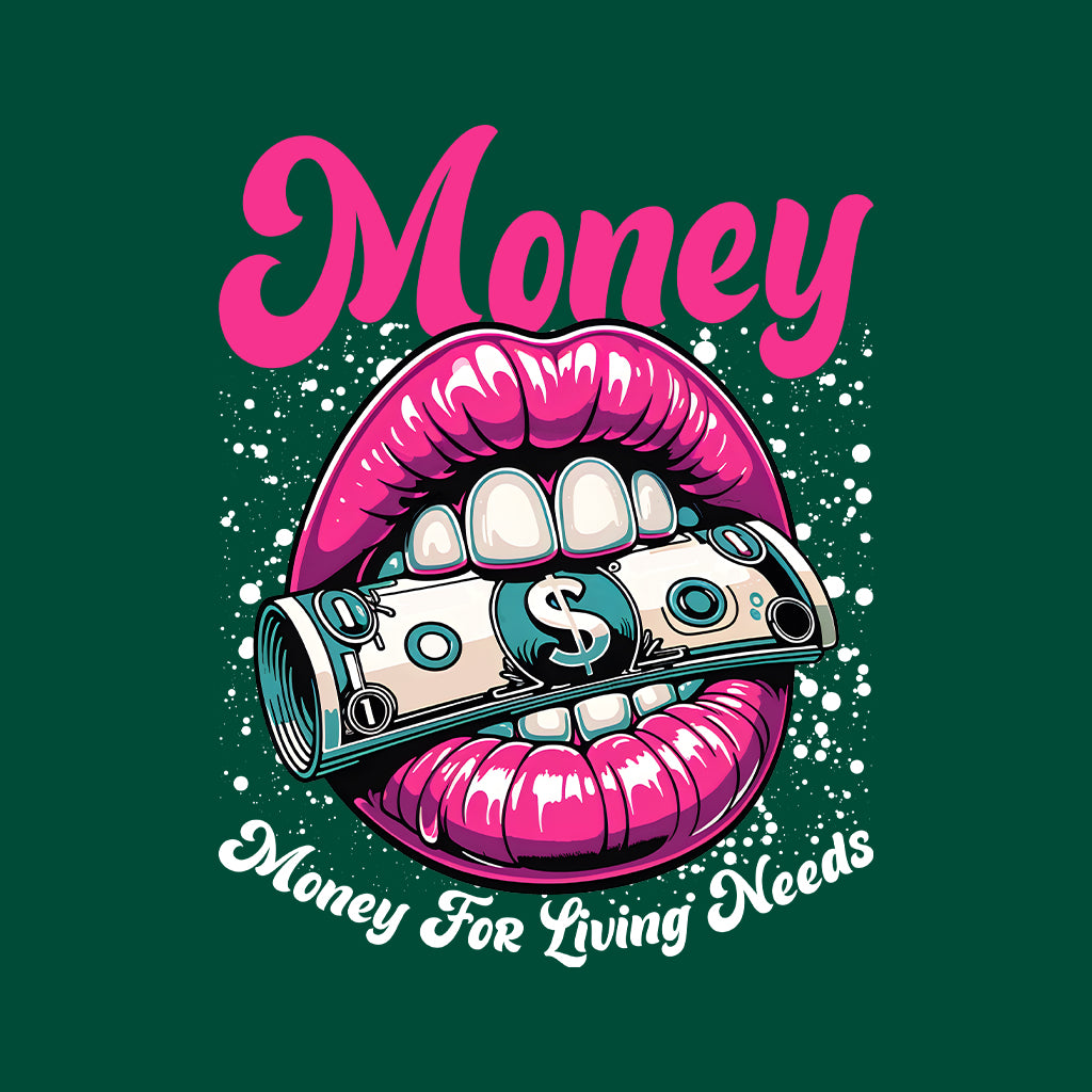 Pink Lips Biting Dollar Bill Money for Living Needs Slogan | PRODUCT CODE: PKNLPSBTNFDB