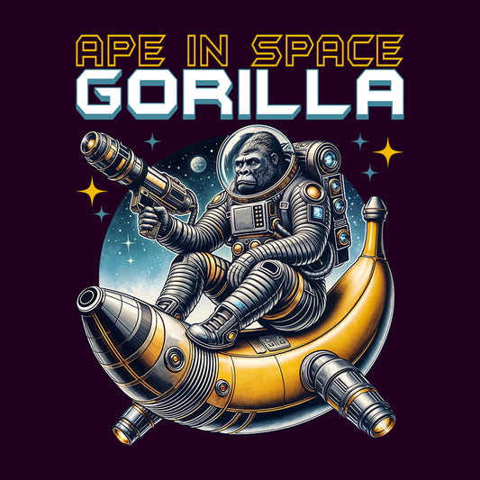 Retro Space Ape Galactic Gorilla Riding Banana Rocket with Laser Gun | PRODUCT CODE: RTSPCEPAGRLA
