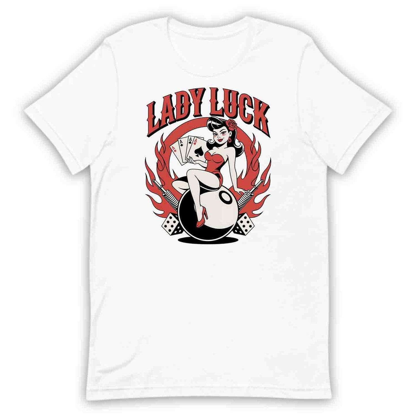Sexy Lady Luck Gambler T-Shirt, Pin-Up Cards & Flames Sweatshirt, Rockabilly Poker Night Casino Vibes Hoodie | PRODUCT CODE: SAXIJWEJKG