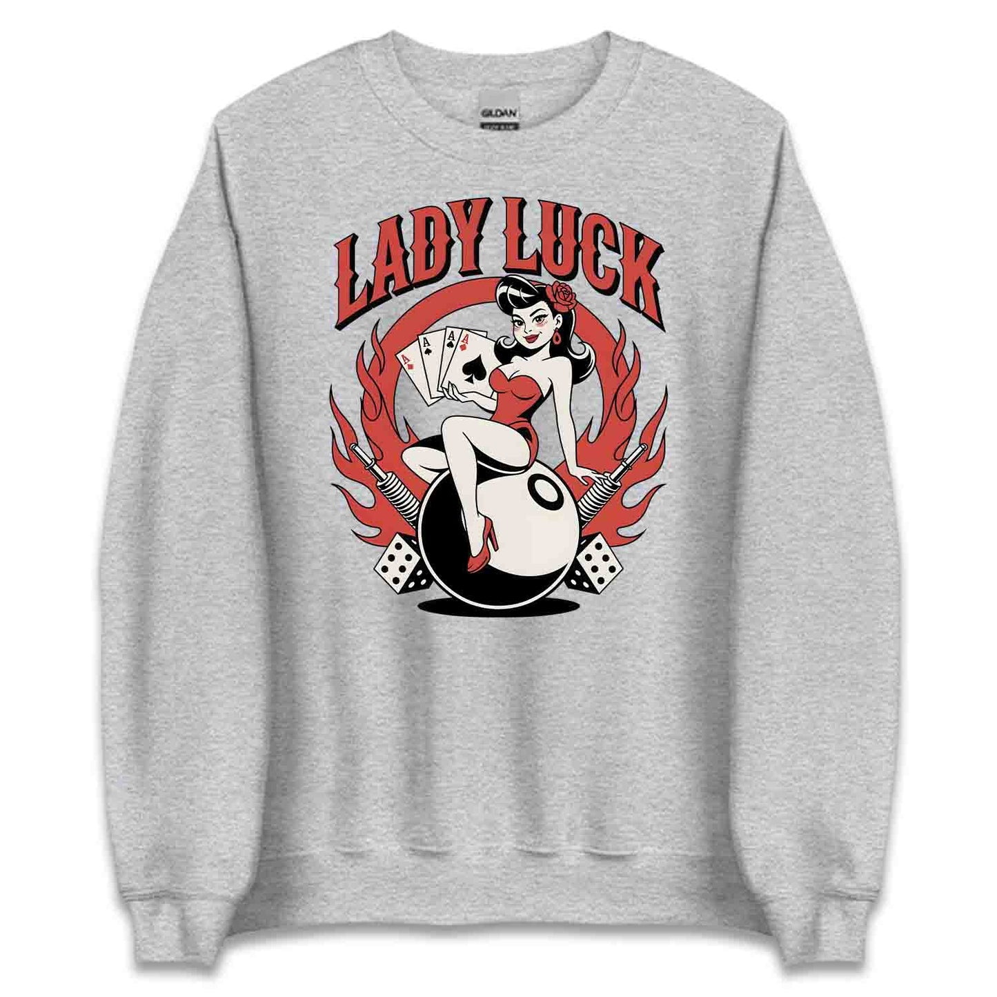 Sexy Lady Luck Gambler T-Shirt, Pin-Up Cards & Flames Sweatshirt, Rockabilly Poker Night Casino Vibes Hoodie | PRODUCT CODE: SAXIJWEJKG