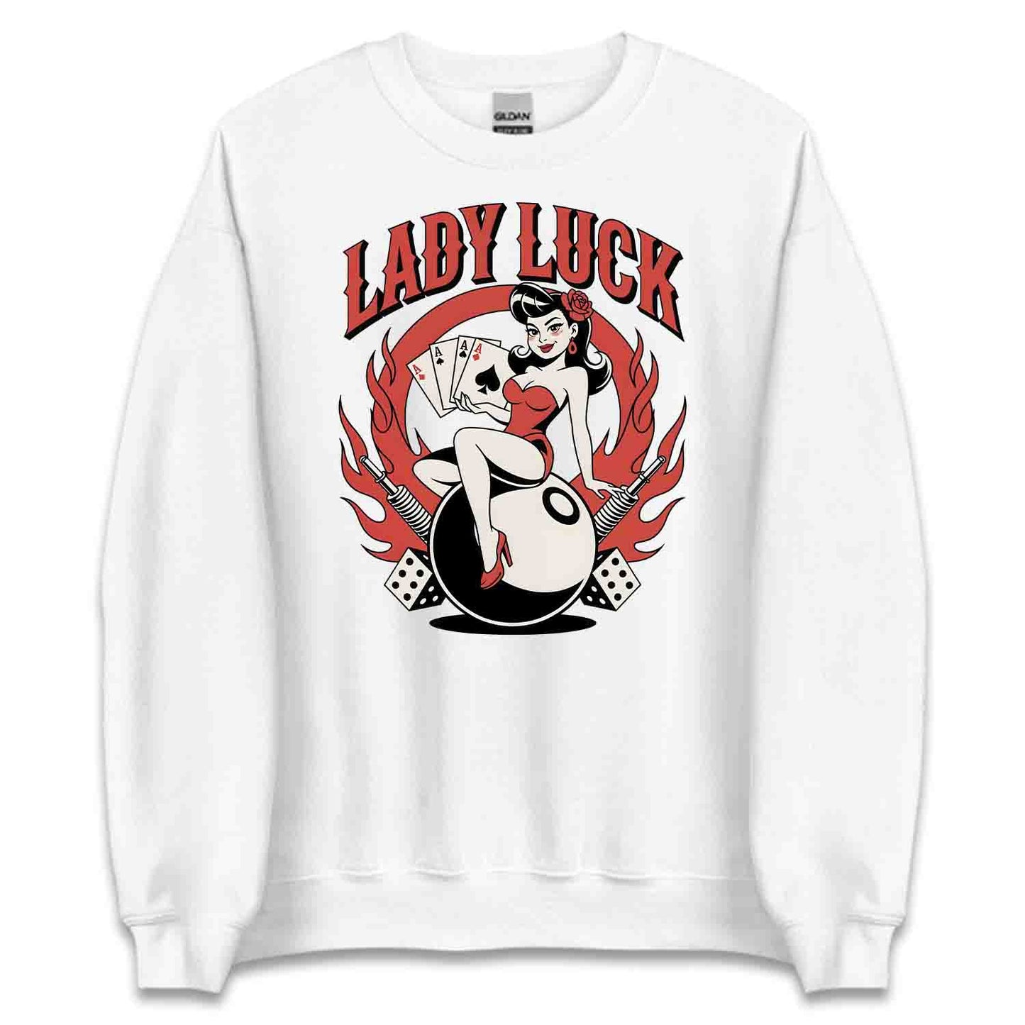 Sexy Lady Luck Gambler T-Shirt, Pin-Up Cards & Flames Sweatshirt, Rockabilly Poker Night Casino Vibes Hoodie | PRODUCT CODE: SAXIJWEJKG