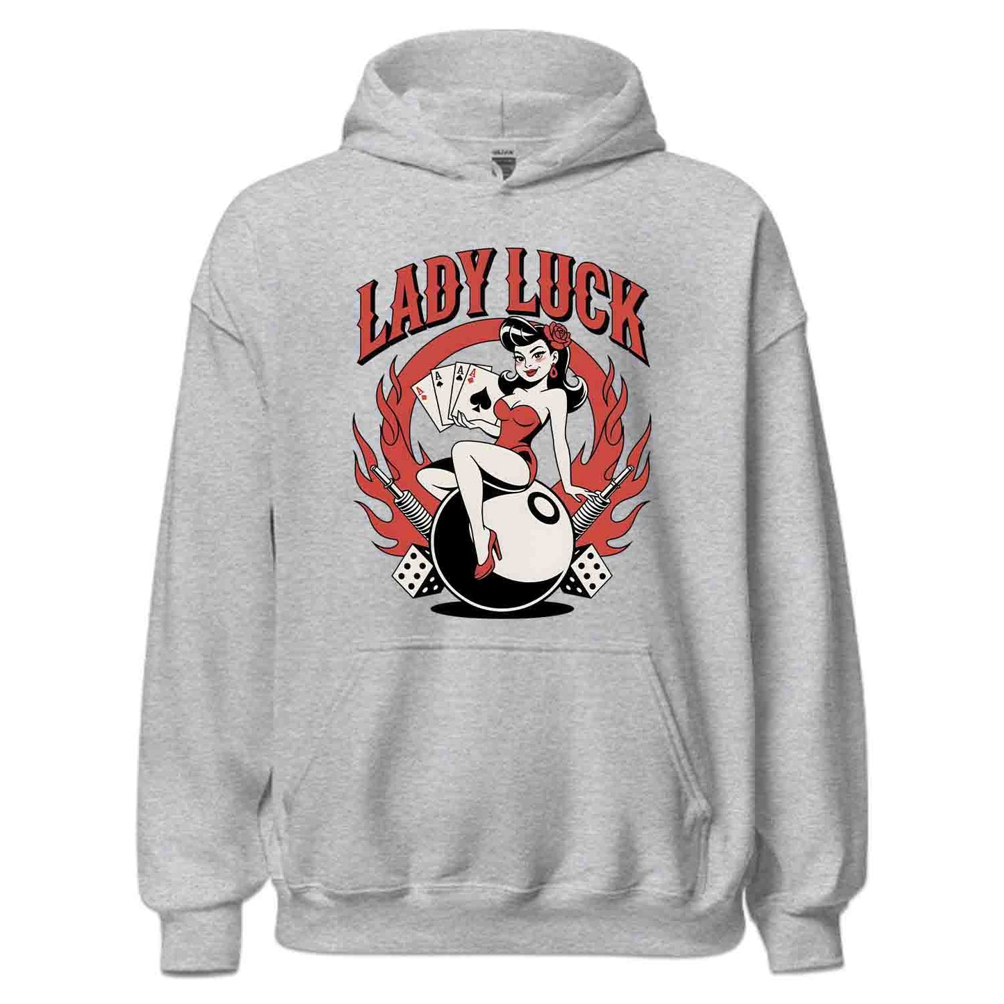 Sexy Lady Luck Gambler T-Shirt, Pin-Up Cards & Flames Sweatshirt, Rockabilly Poker Night Casino Vibes Hoodie | PRODUCT CODE: SAXIJWEJKG
