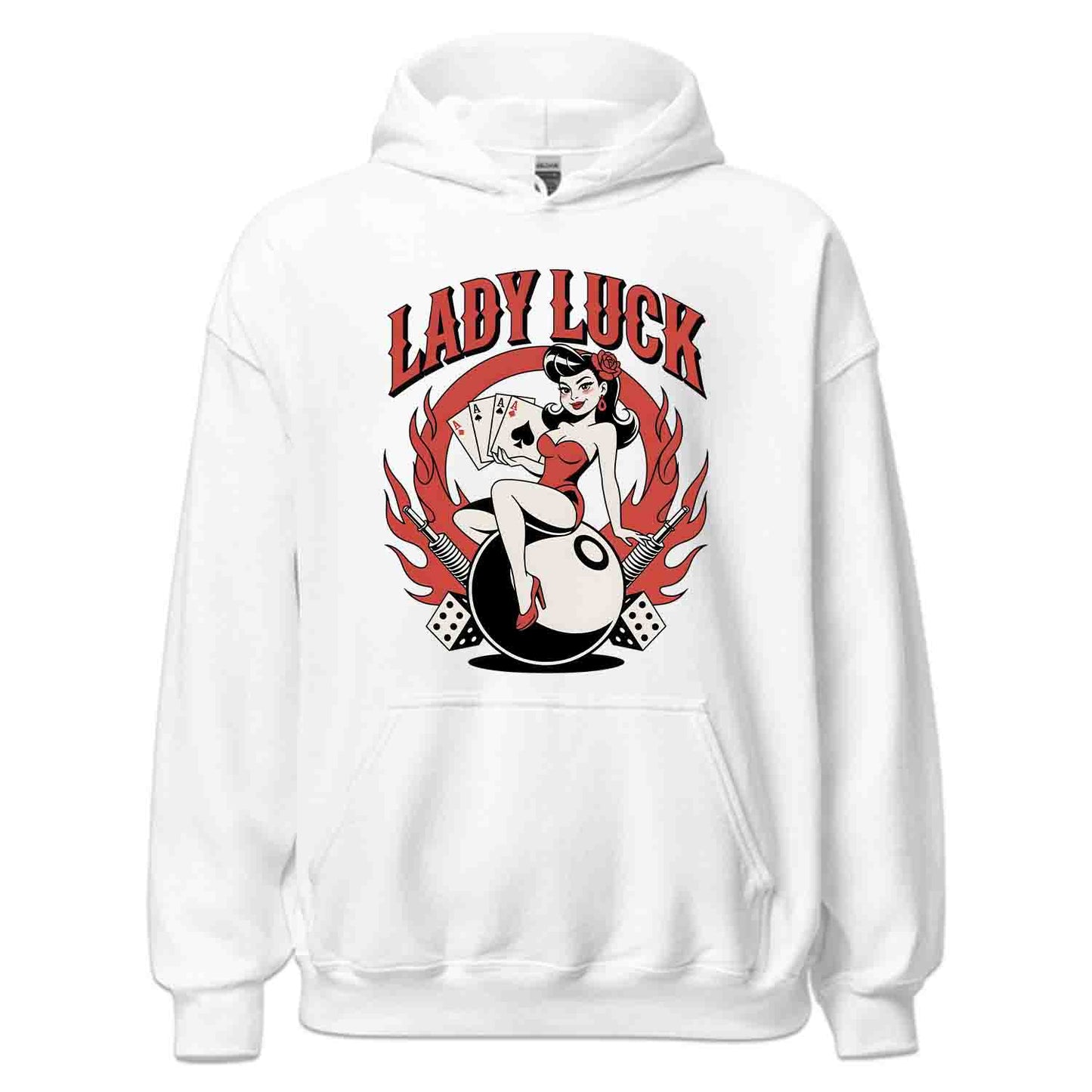 Sexy Lady Luck Gambler T-Shirt, Pin-Up Cards & Flames Sweatshirt, Rockabilly Poker Night Casino Vibes Hoodie | PRODUCT CODE: SAXIJWEJKG