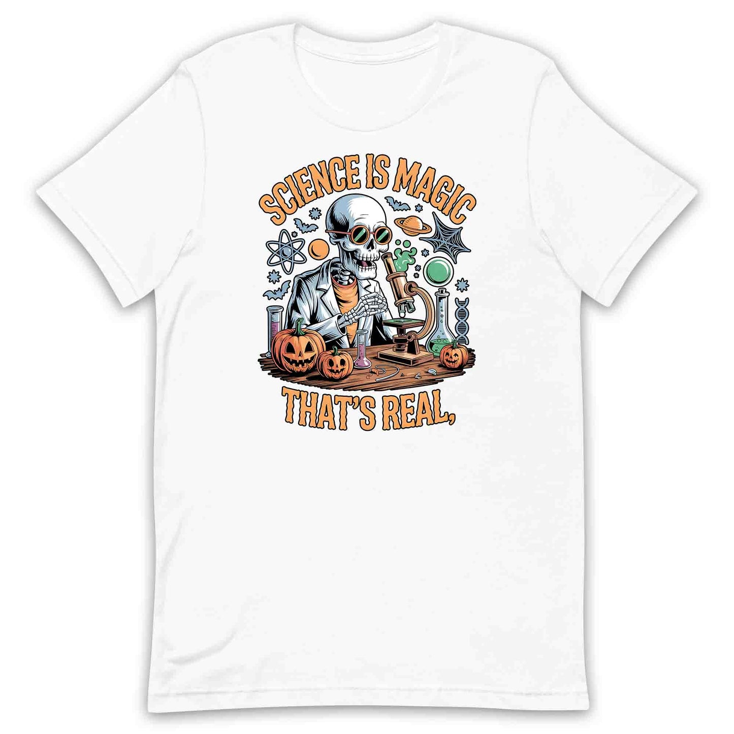 Science Is Magic T-Shirt, Skeleton Scientist Sweatshirt, Pumpkin Lab Hoodie | PRODUCT CODE: SCNMWERJG