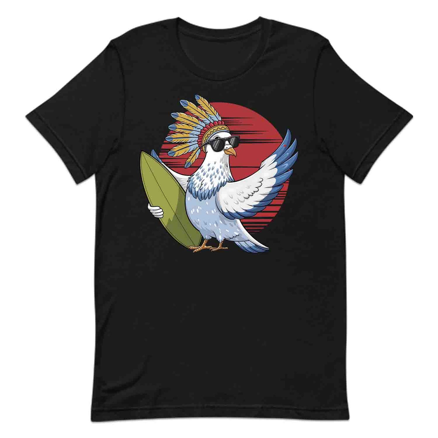 Surfing Pigeon T-Shirt, Sweatshirt, Hoodie – Retro Tribal Beach Bird Ocean Lover Top | PRODUCT CODE: SHFRGNISPW
