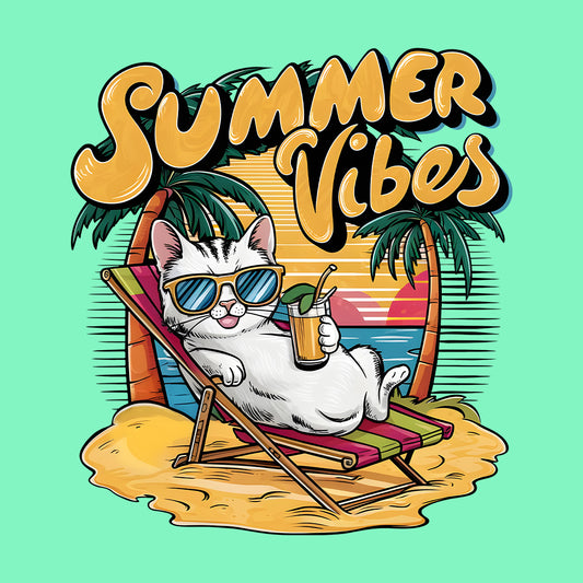 Summer Vibes Cat – Funny Tropical Vacation T-Shirt for Cat Lovers | PRODUCT CODE: SMERWVERB