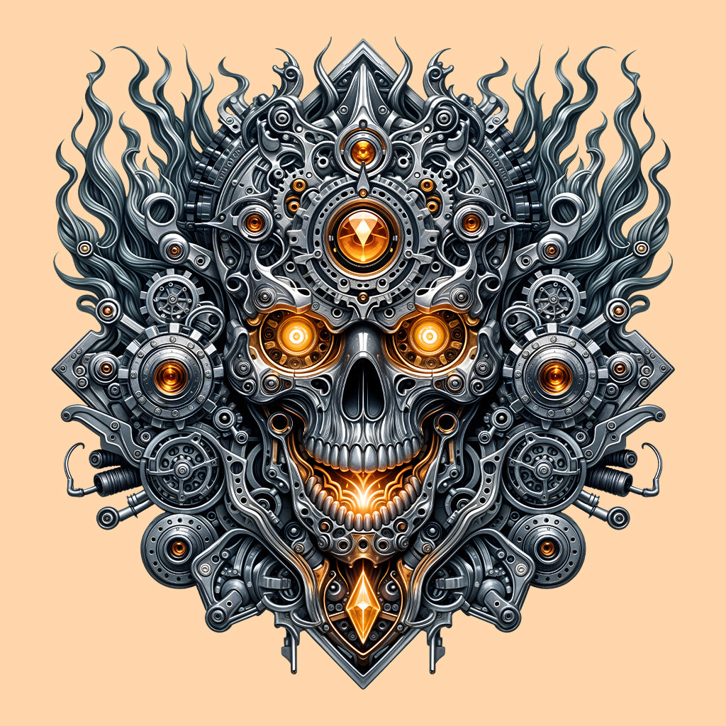 Steampunk Skull Cyberpunk Mechanical Futuristic Sci-Fi Glowing Amber Eyes | PRODUCT CODE: STMUKPNCBYR