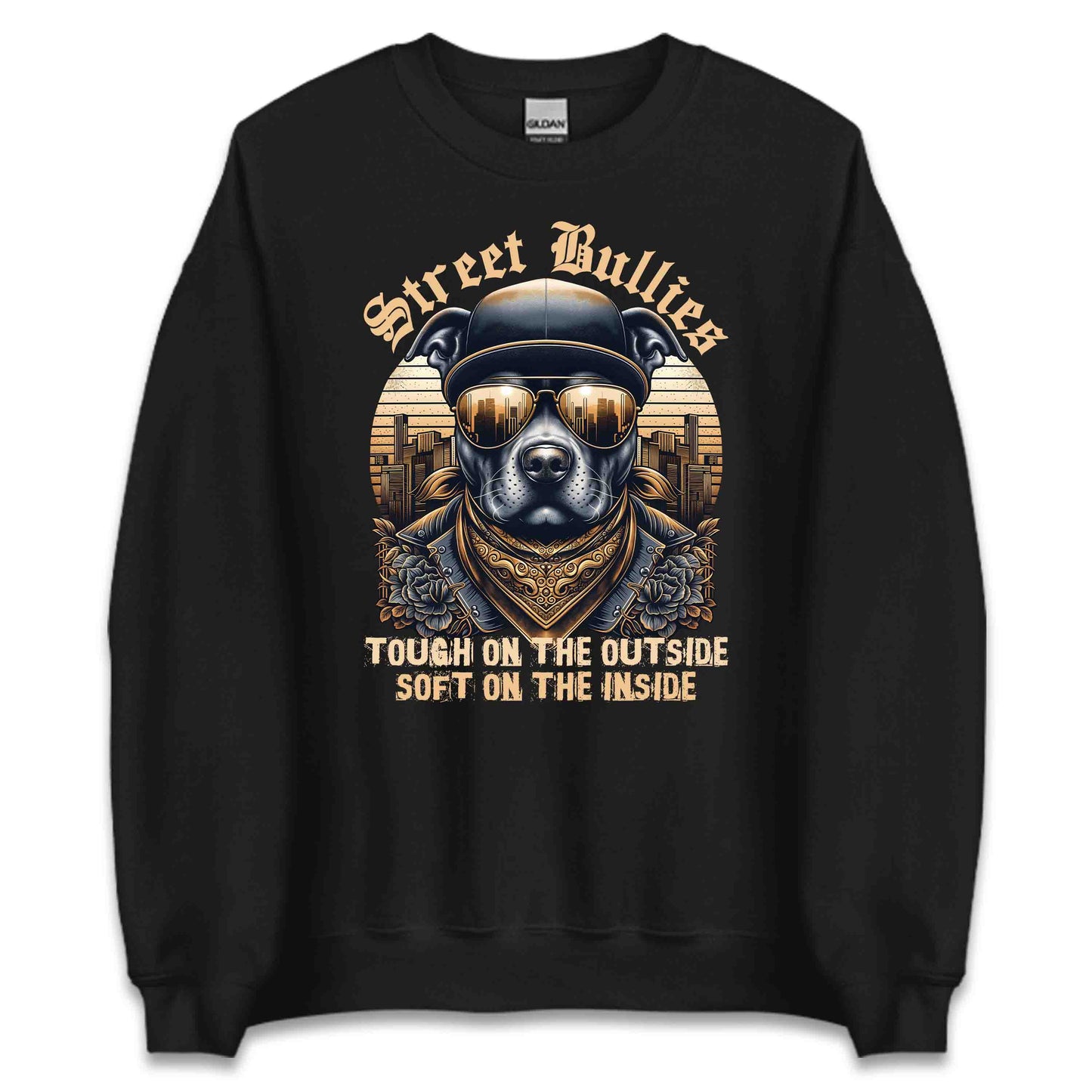 Street Bullies Bulldog Urban Dog with Bandana & Gold-Tinted Sunglasses | PRODUCT CODE: STRBLGDURBFL