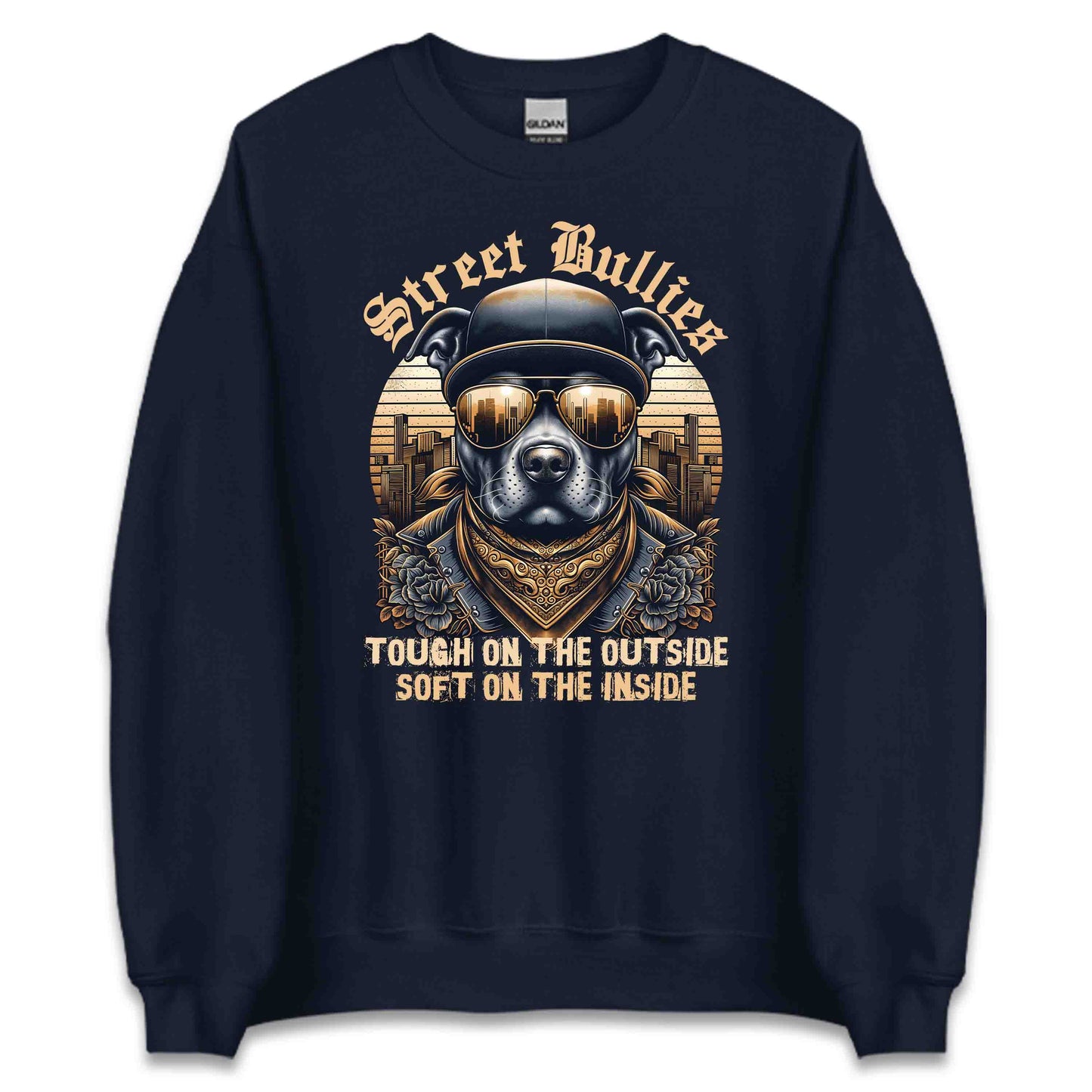 Street Bullies Bulldog Urban Dog with Bandana & Gold-Tinted Sunglasses | PRODUCT CODE: STRBLGDURBFL