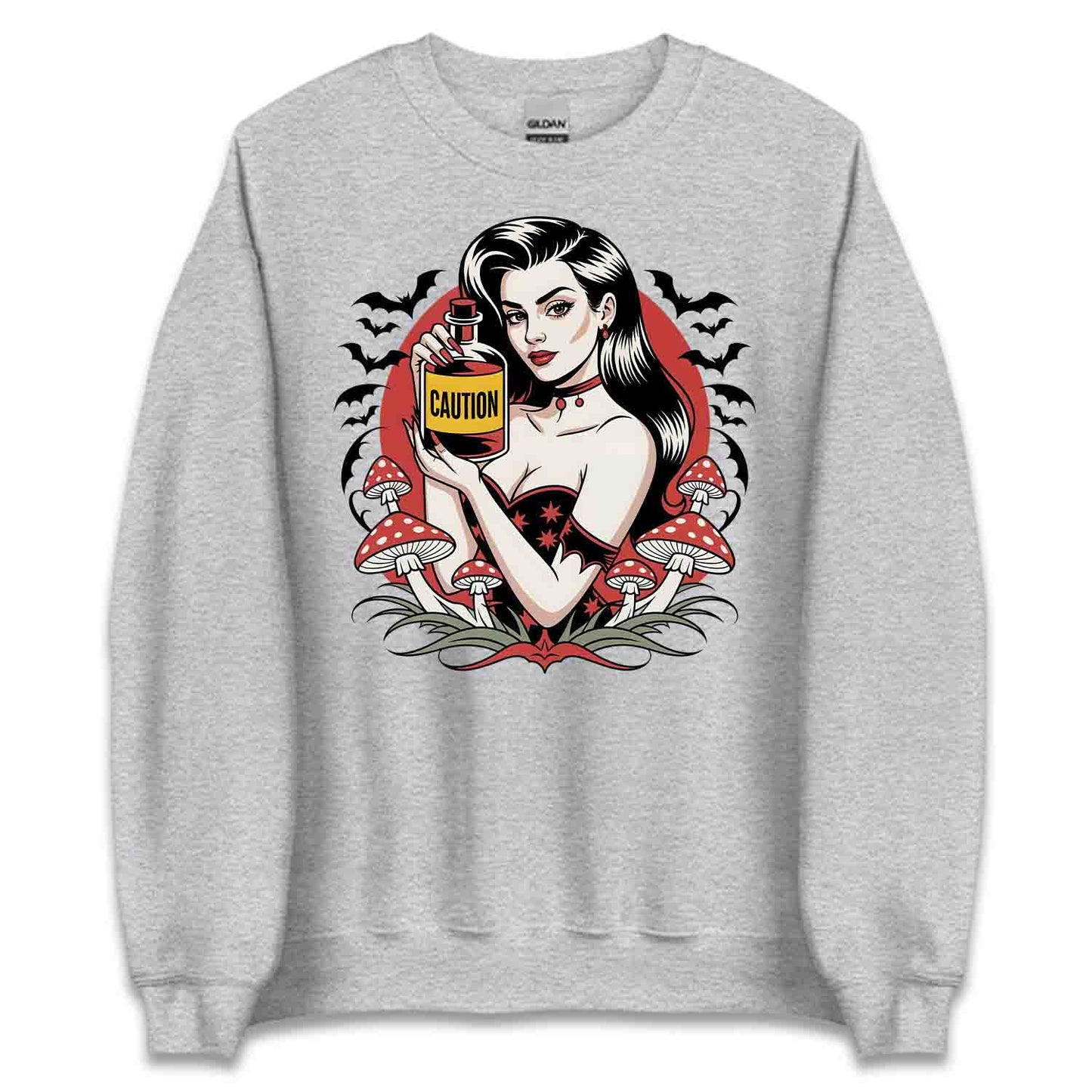 Sexy Gothic Witch Pin-Up T-Shirt, Retro Tattoo Poison & Bats Sweatshirt, Dark Halloweencore Magic Hoodie | PRODUCT CODE: SXCRTGHPN